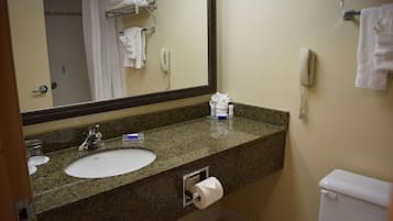 Une salle de bain avec un lavabo à dessus en granit, un miroir, des toilettes et un espace douche.