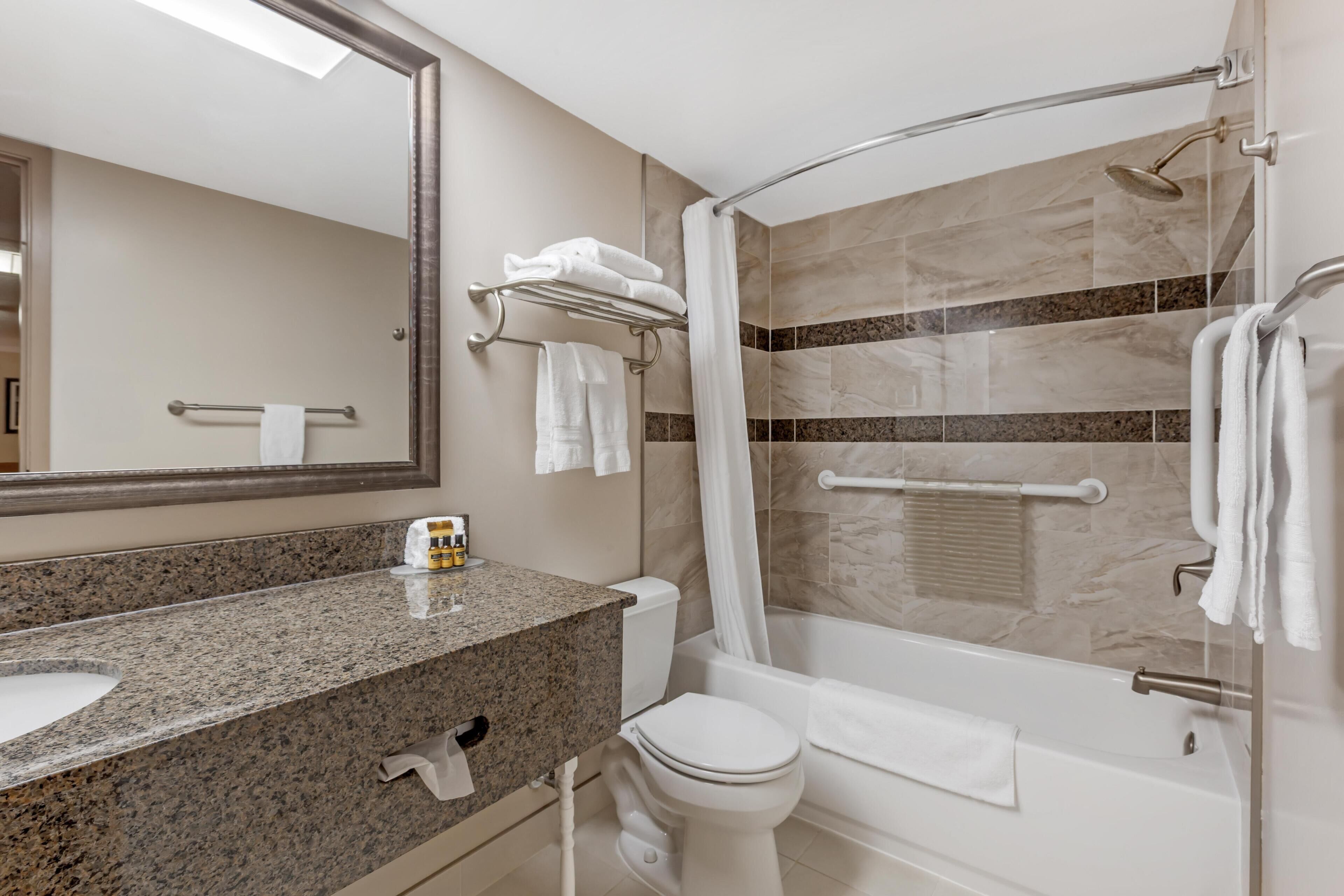 A bathroom with a granite countertop, a toilet, a shower with a glass door, and a towel rack.