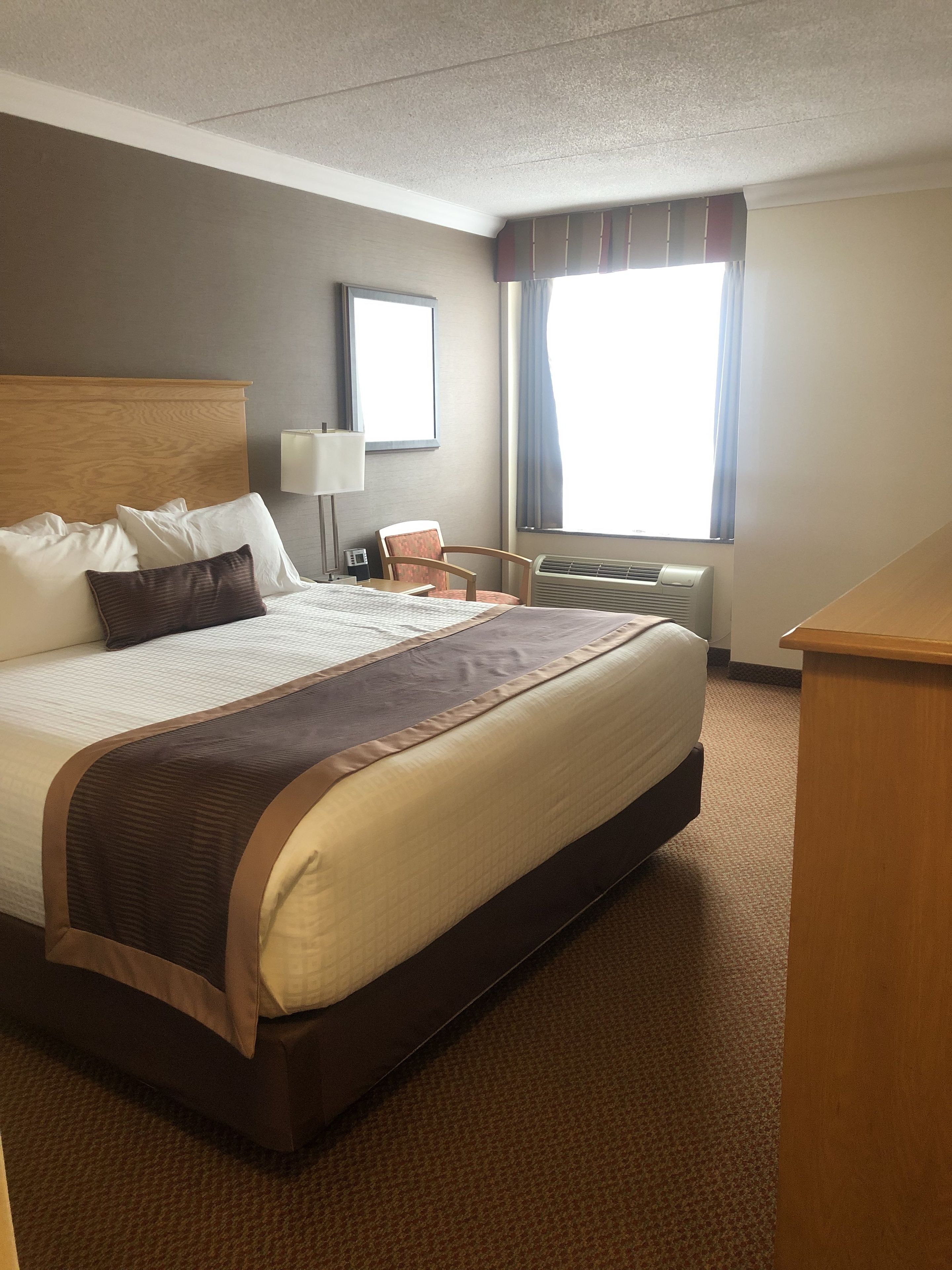 A hotel room with a large bed, a desk, a chair, a lamp, and a window with curtains.
