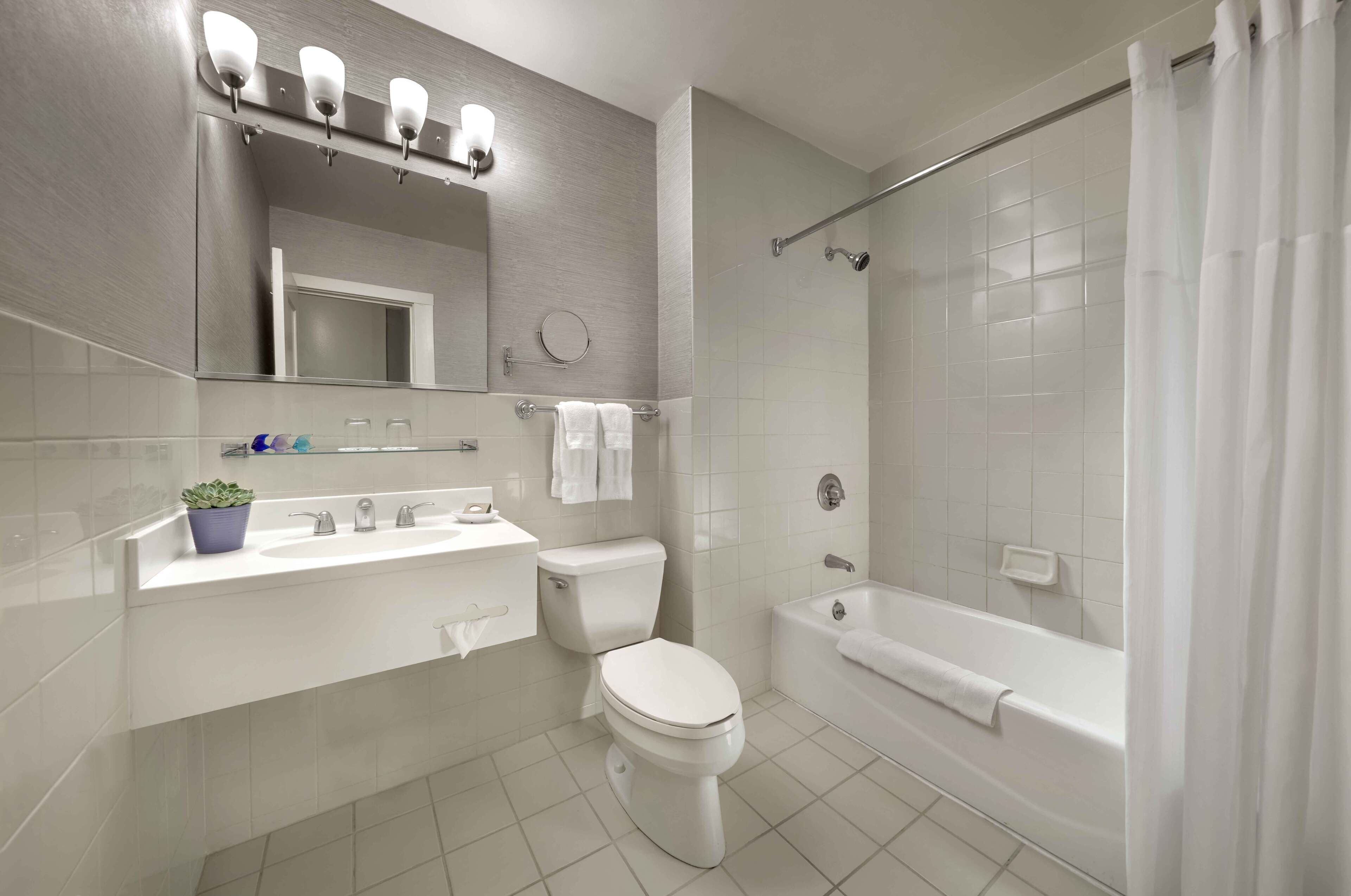 combined shower/bathtub, designer toiletries, hair dryer, towels