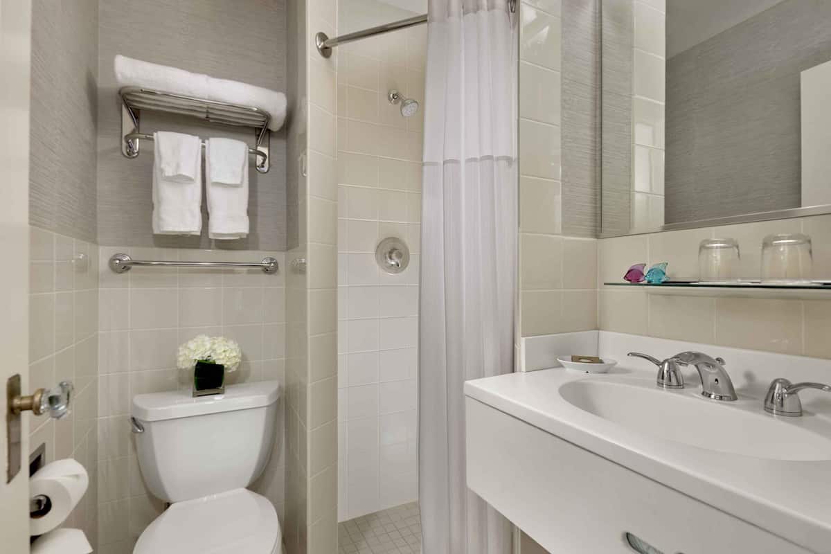 combined shower/bathtub, designer toiletries, hair dryer, towels