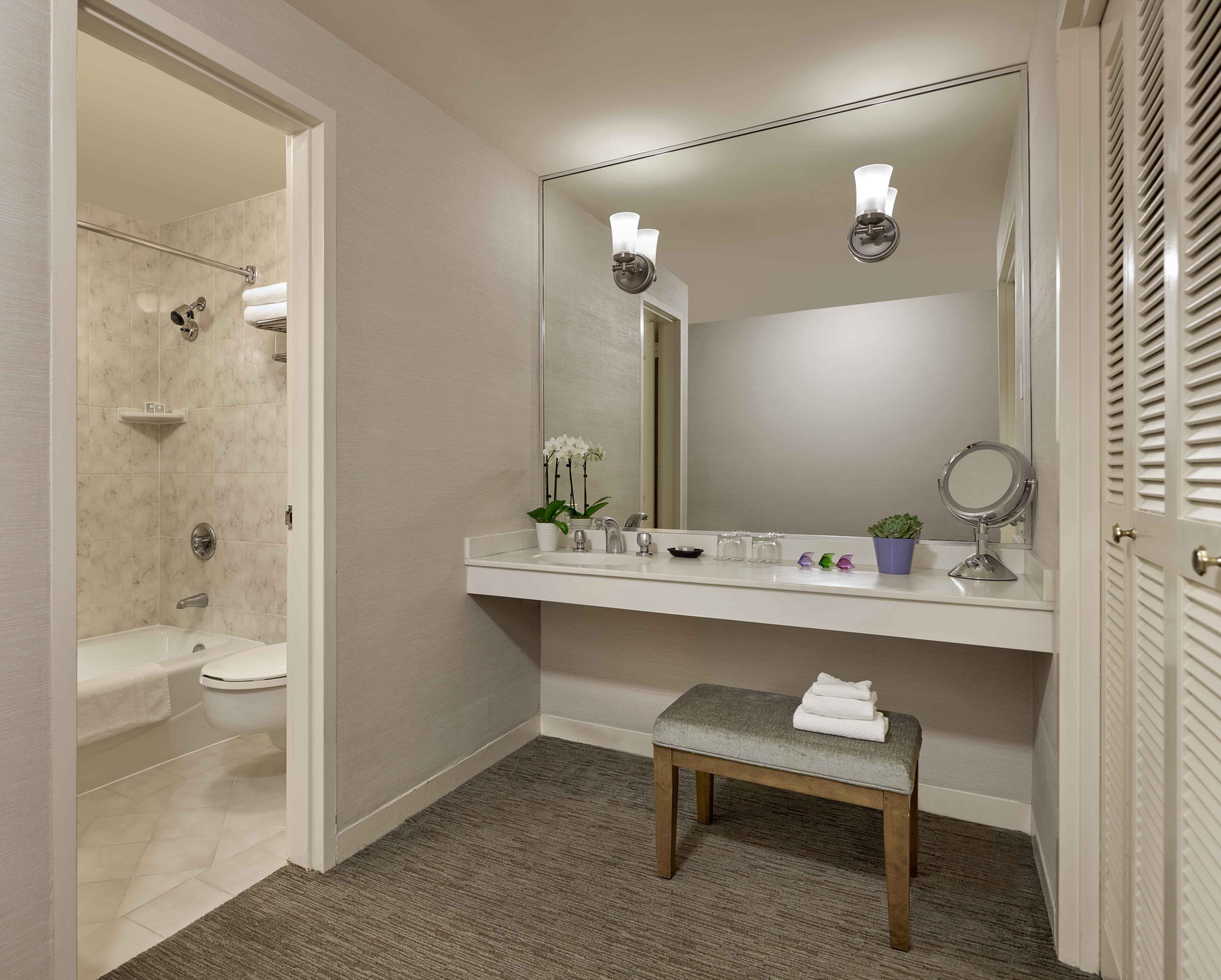 combined shower/bathtub, designer toiletries, hair dryer, towels