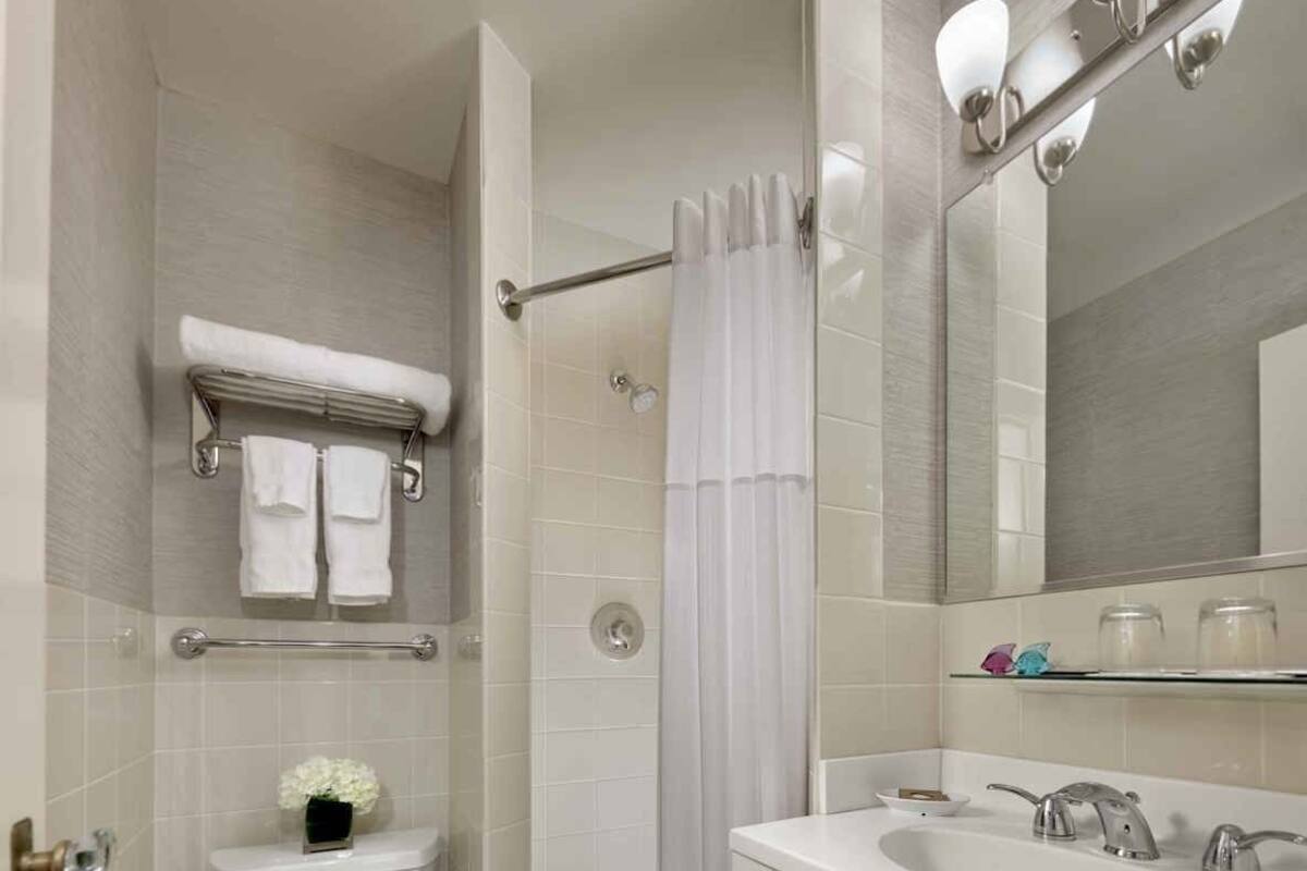Bañera con ducha, artículos de tocador de diseñador, secador de pelo