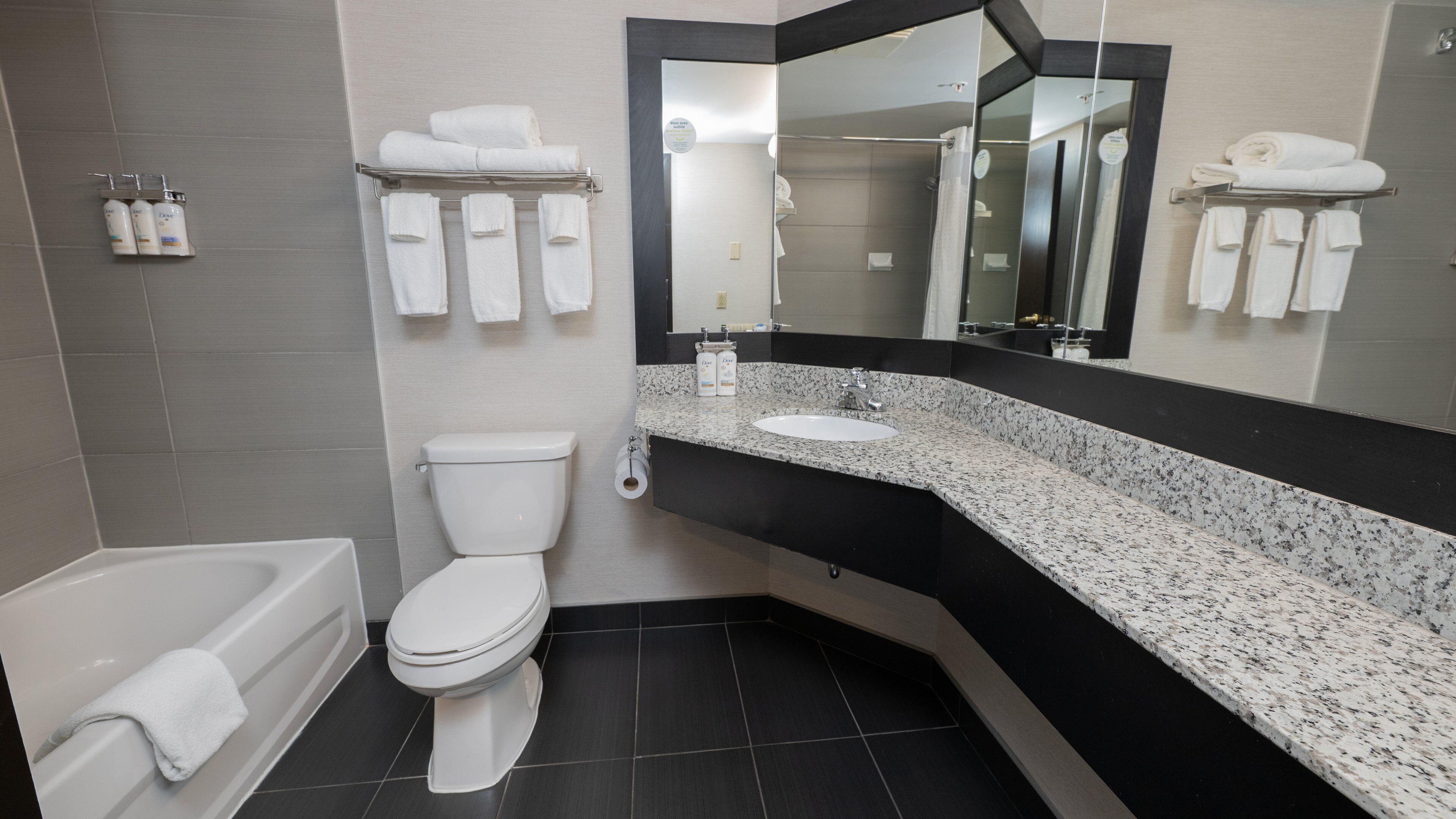 Combined shower/tub, free toiletries, hair dryer, towels