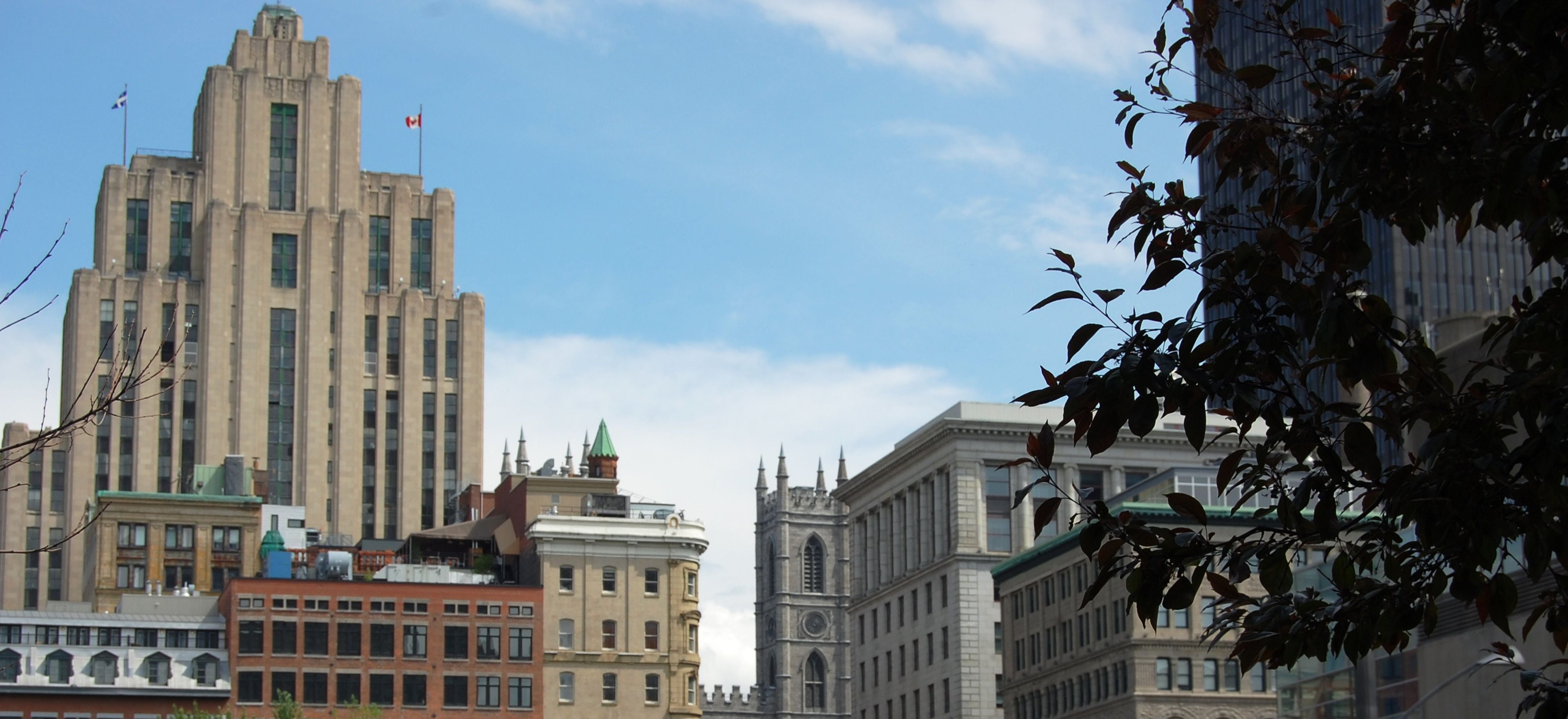 A cityscape with historic buildings, including a prominent tower and a building with a clock tower.