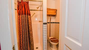 A bathroom with a shower, toilet, and a cabinet.