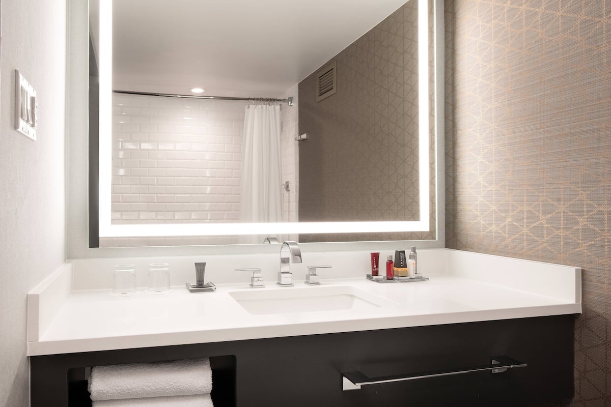 combined shower/bathtub, free toiletries, hair dryer, towels