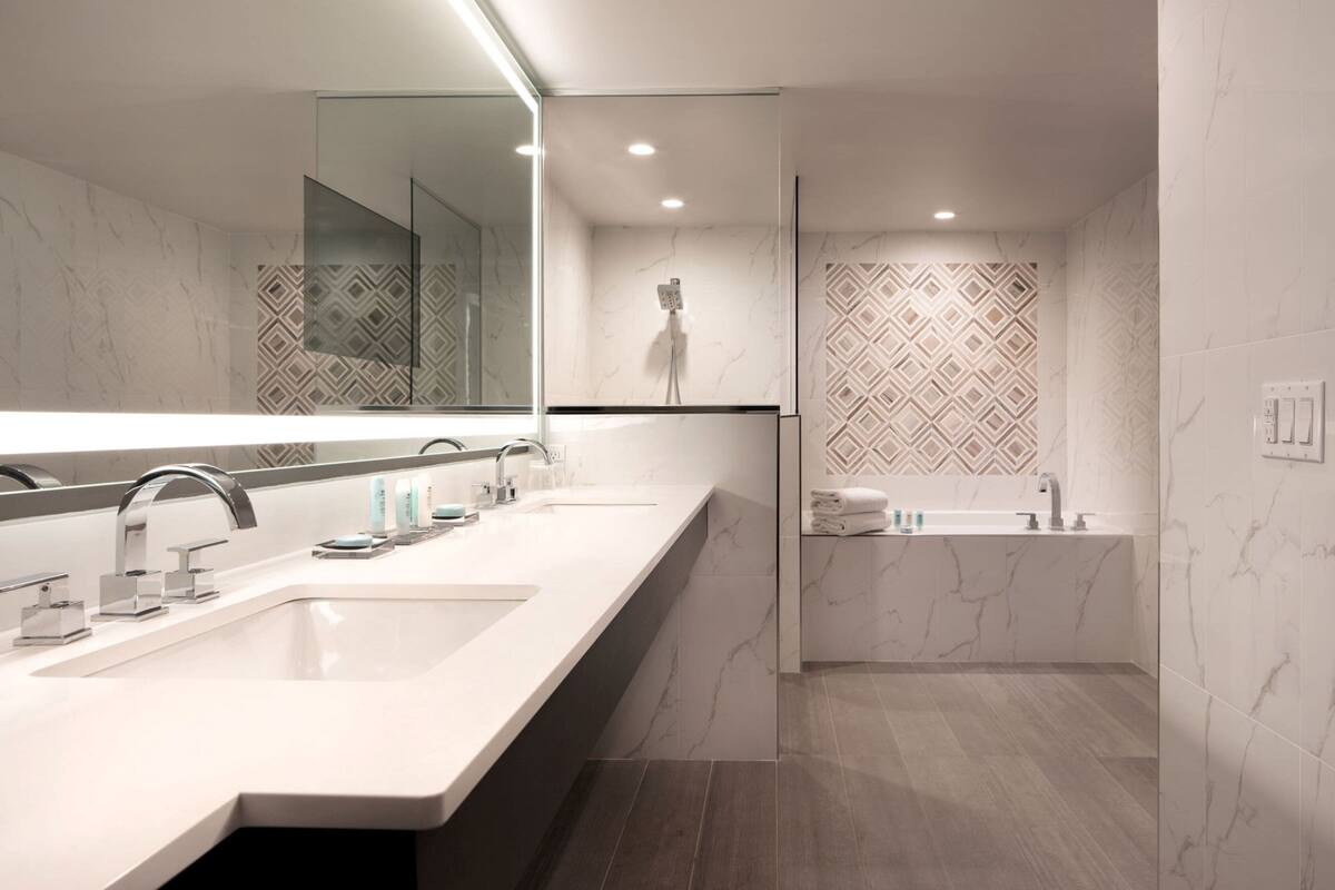 combined shower/bathtub, free toiletries, hair dryer, towels