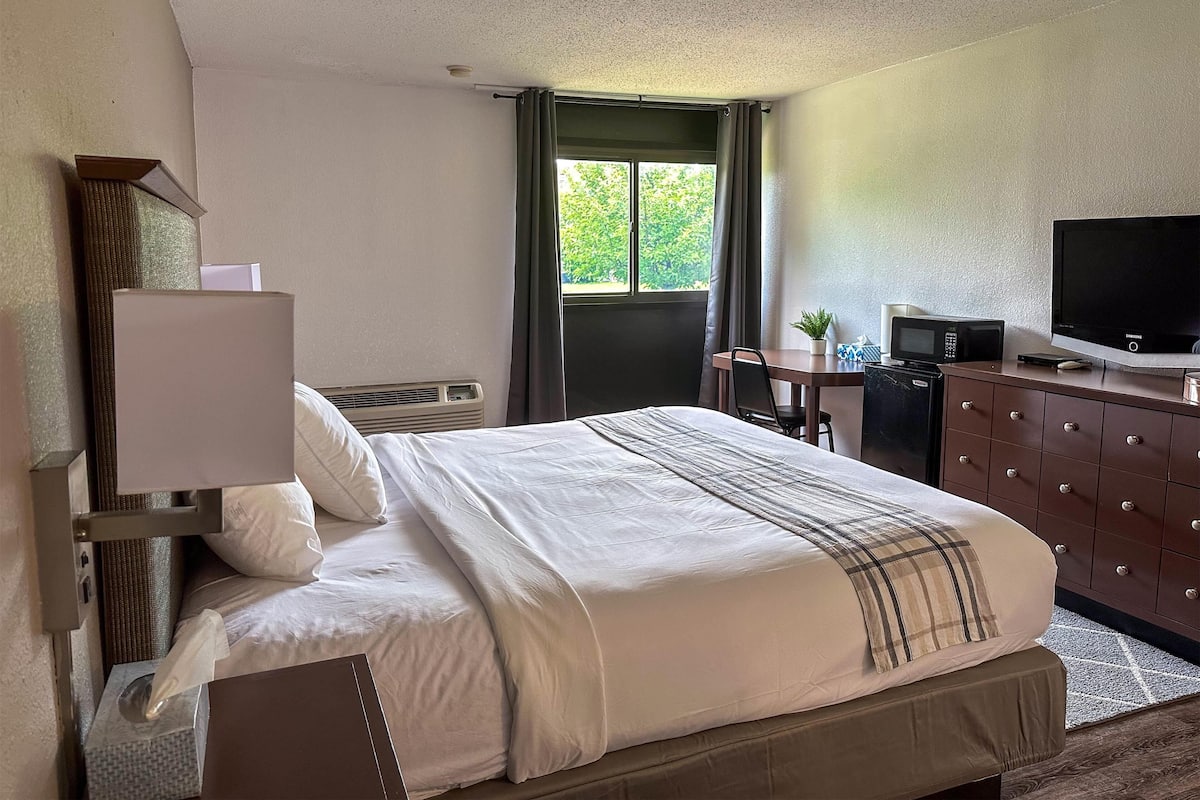A hotel room with a bed, a desk, a television, and a microwave.