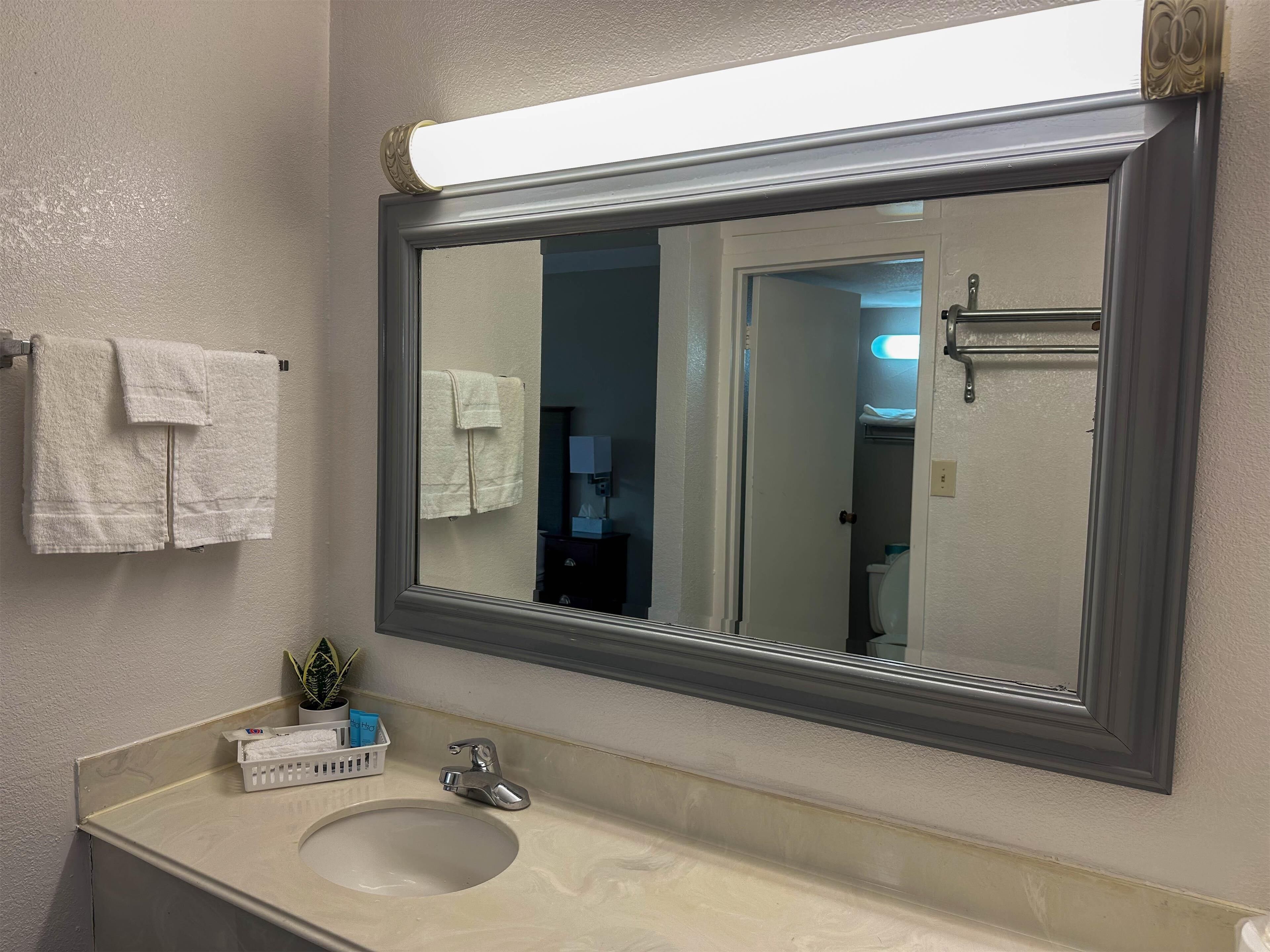 A bathroom with a large mirror, a sink, and a towel rack.