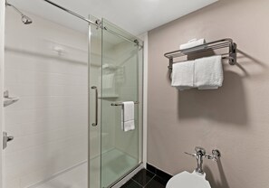 Bathroom features a glass-enclosed shower, white toilet, and sink with chrome fixtures.