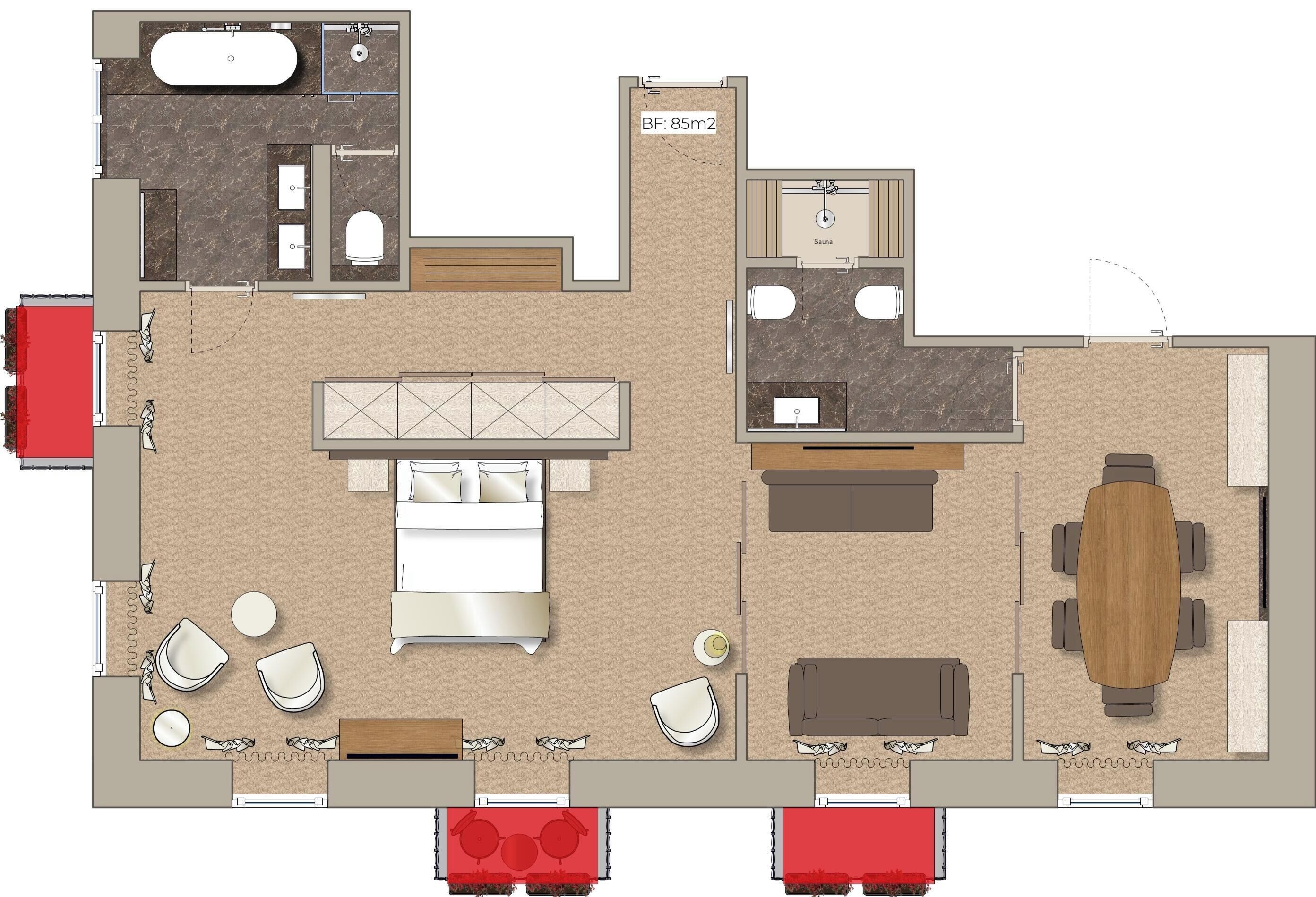 A hotel room layout with a bed, a sofa, a dining table, a kitchen area, a bathroom, and a sauna.