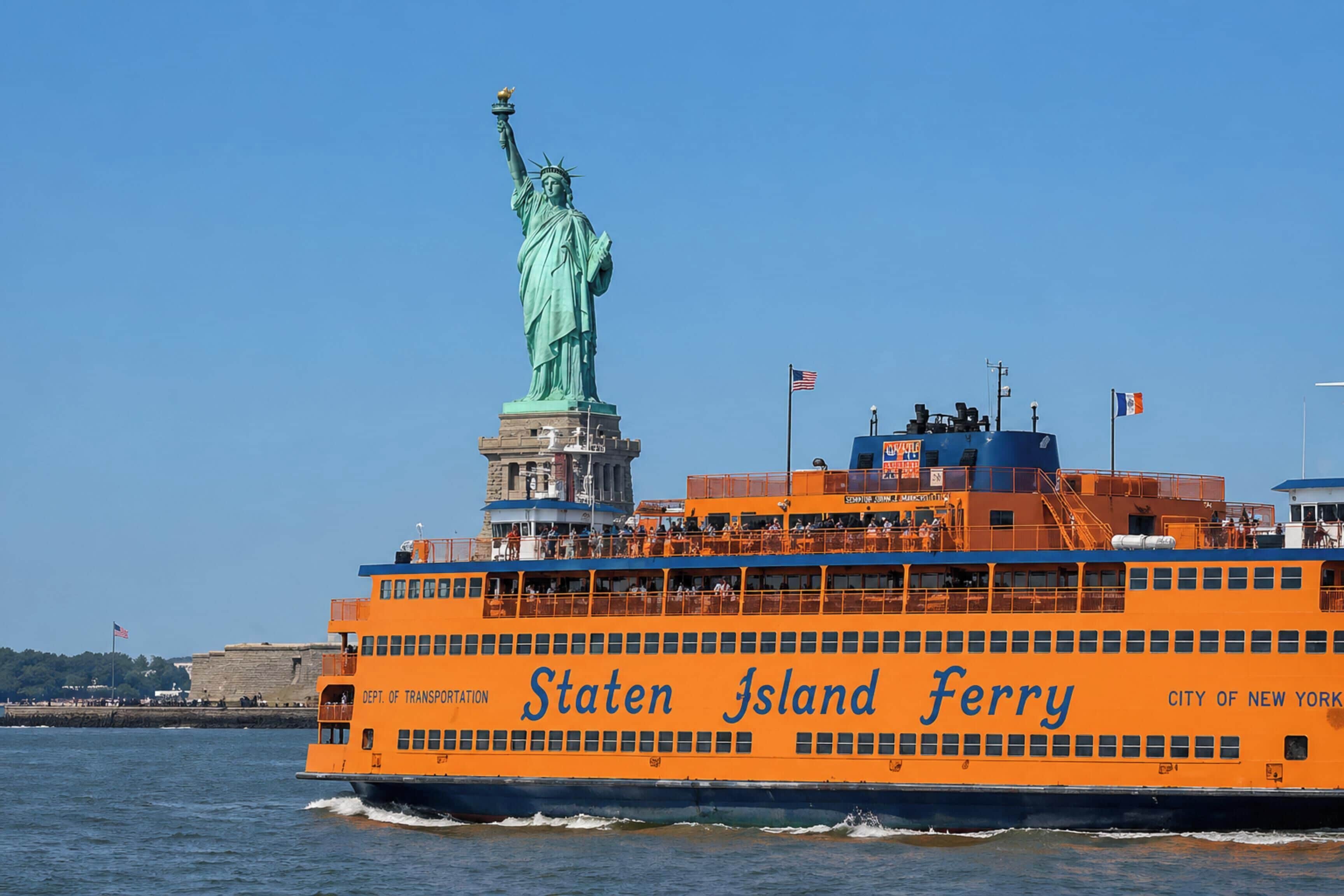 Eine Fähre mit den Aufschriften 'Staten Island Ferry' und 'City of New York', einer Statue und einer Flagge.