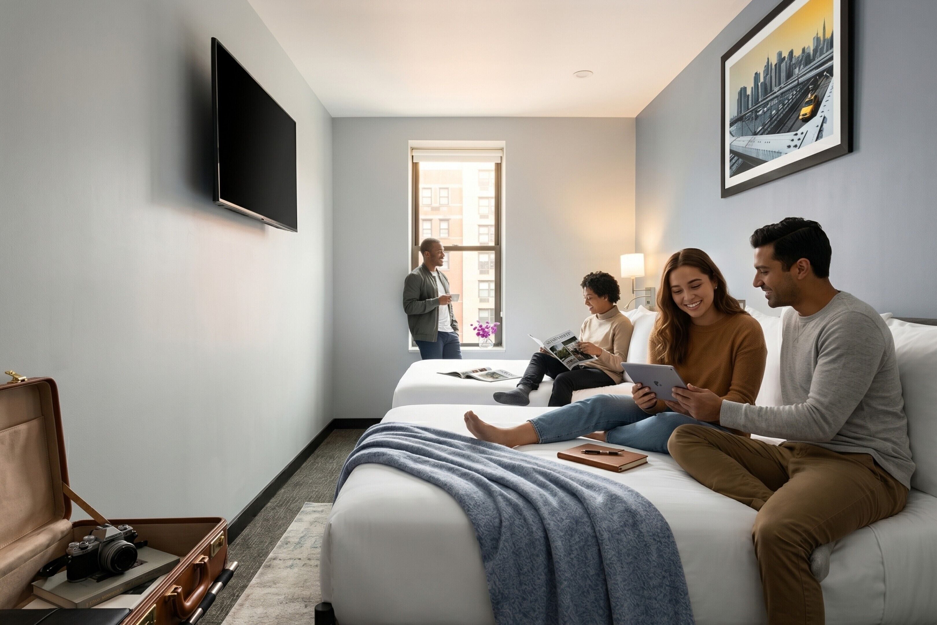 A modern hotel room with a bed, a flat-screen TV, a window with a city view, and a suitcase with a camera.