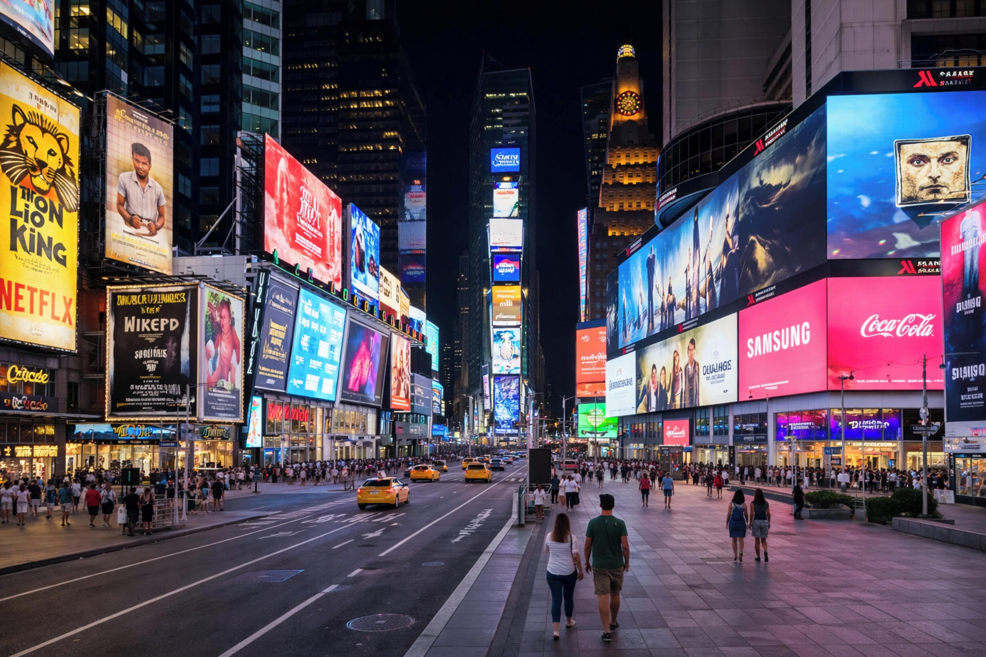 A busy urban street at night with illuminated billboards and tall buildings.