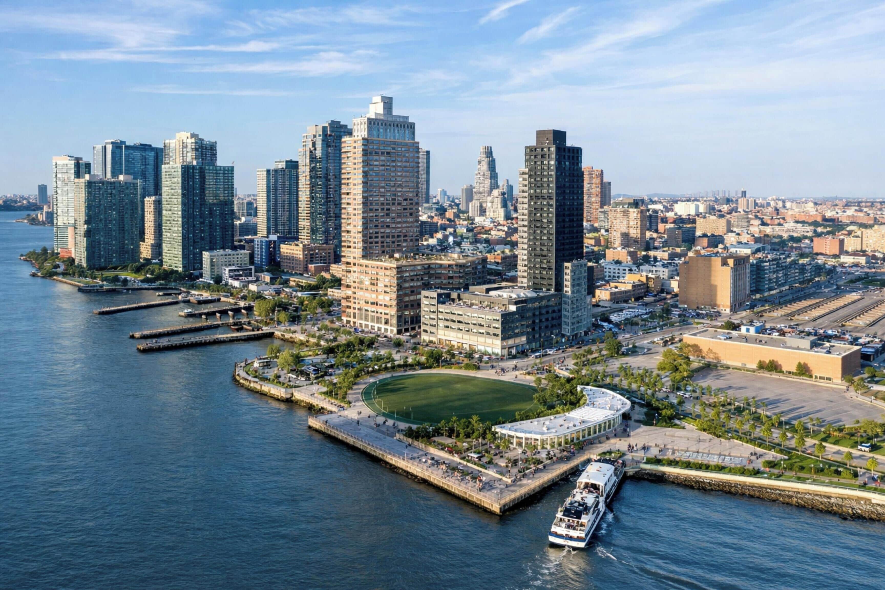 A waterfront cityscape with high-rise buildings, a marina, and a large green park.