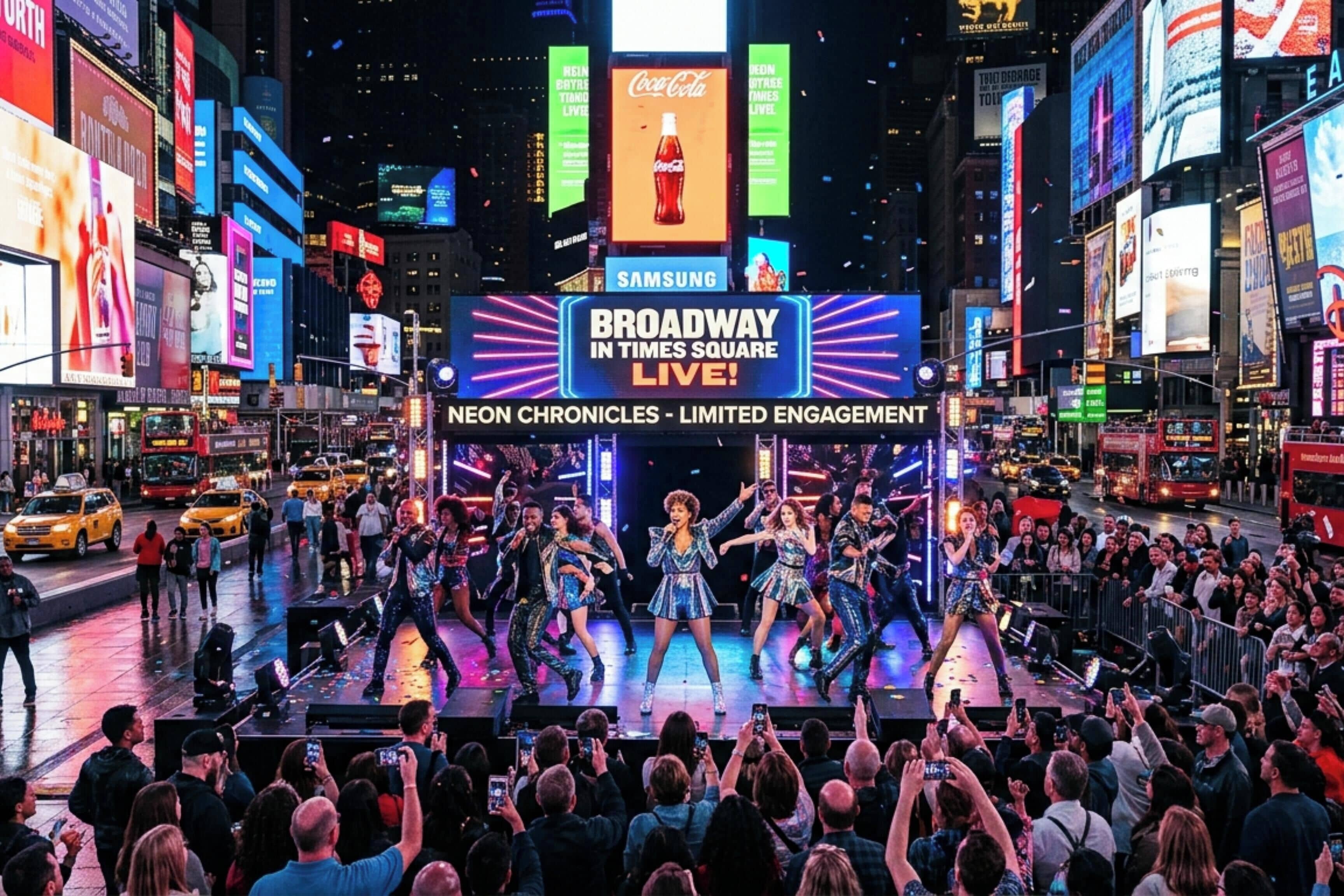 A Broadway show on Times Square with a large audience.