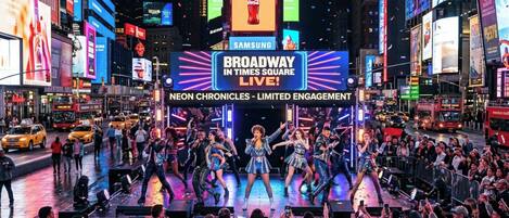 A Broadway show on Times Square with a large audience.