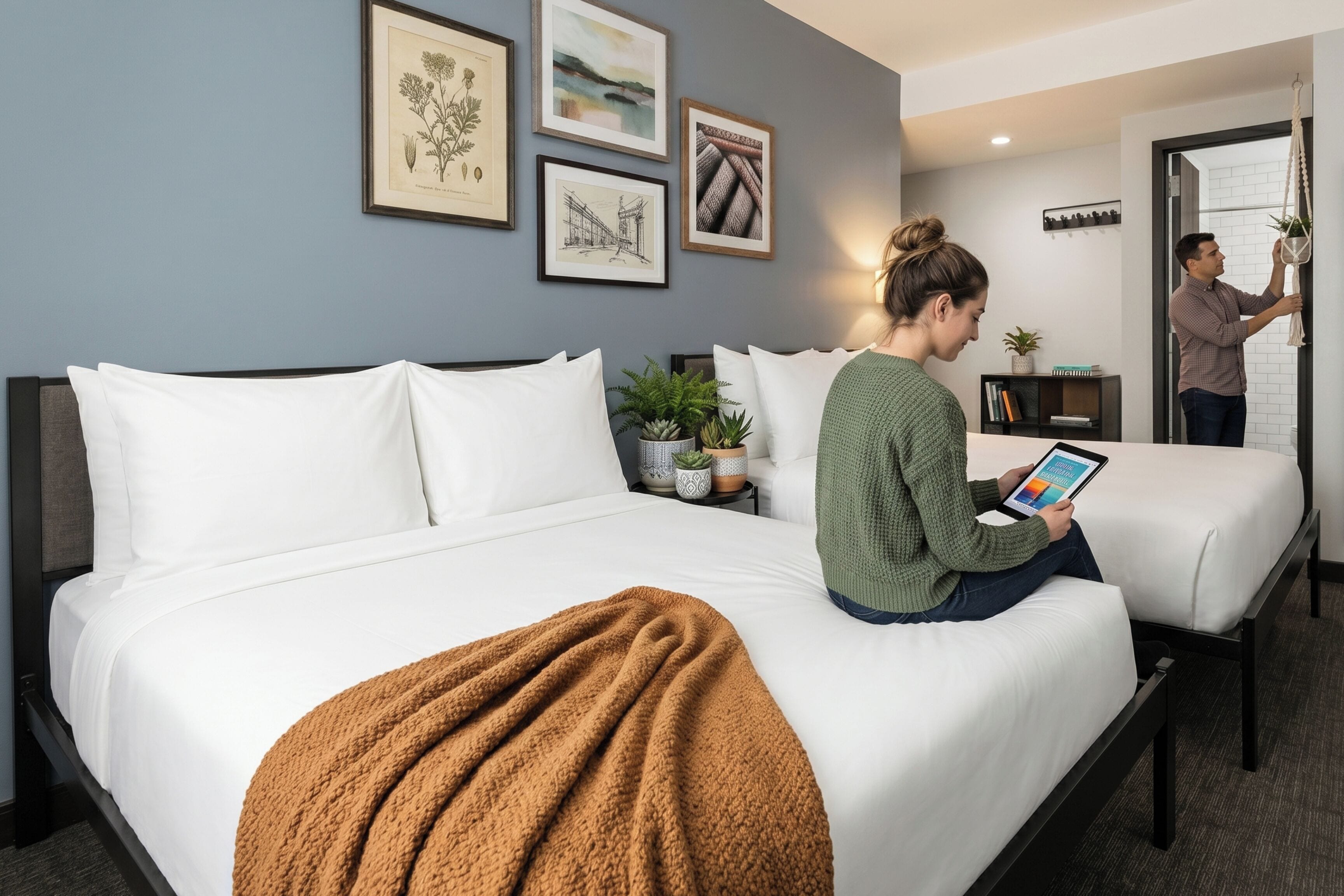 Een hotelkamer met een bed, een nachtkastje met een plant en een wand met ingelijste botanische illustraties.