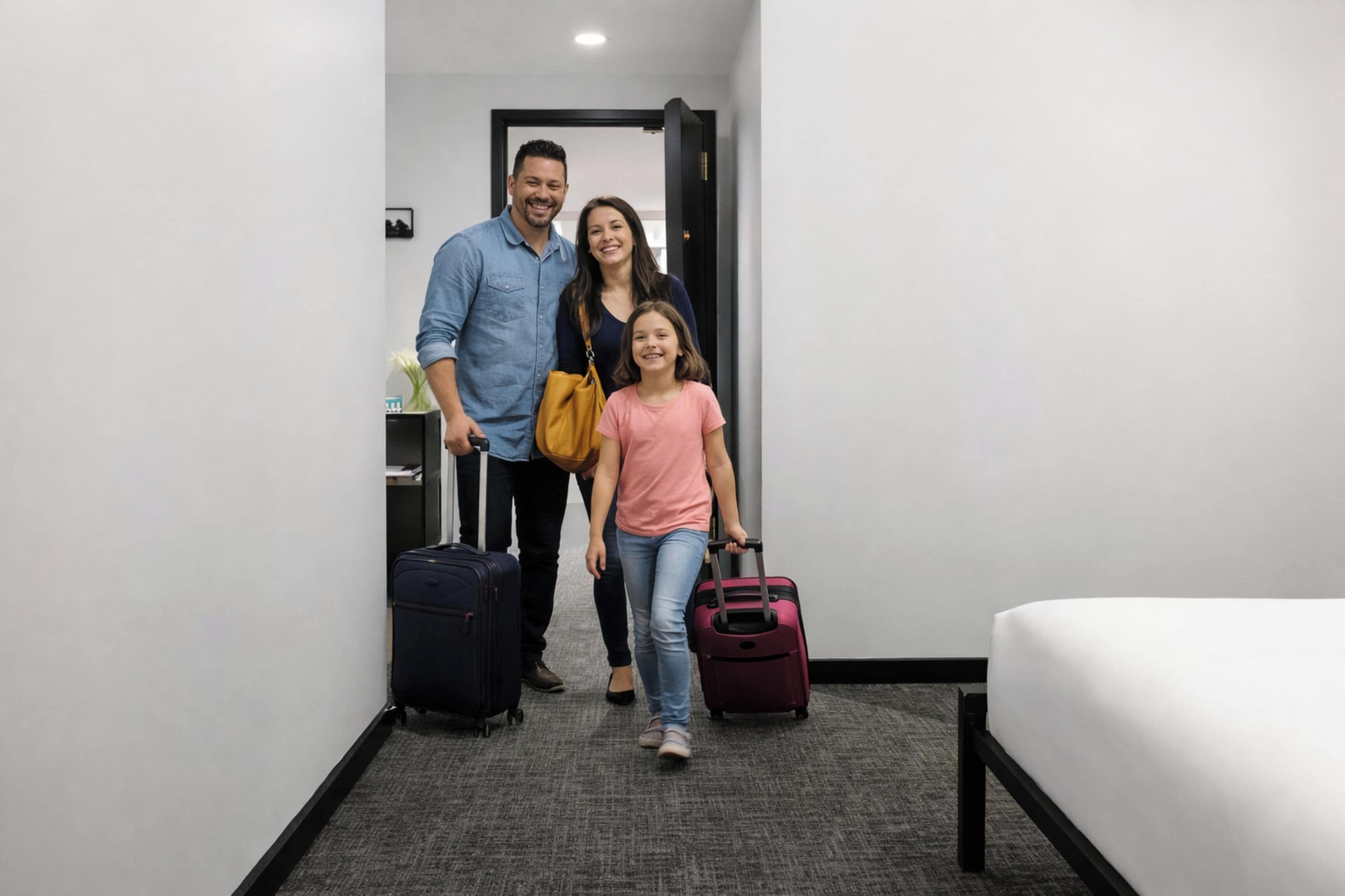 Una camera d'albergo con un letto, una valigia e una persona che tiene in mano una borsa.