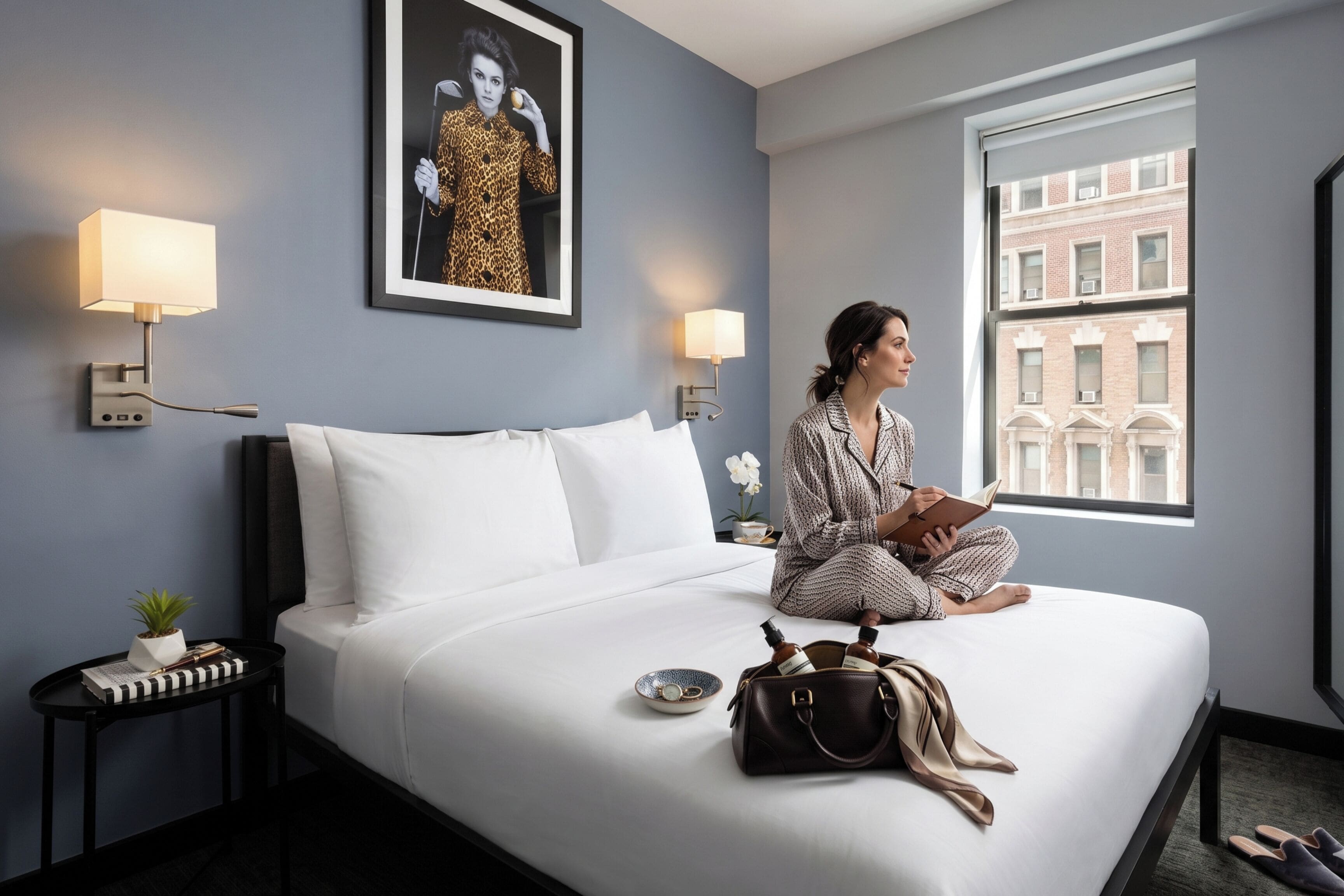 Una habitación de hotel con una cama, un ventanal con vista a la ciudad, una lámpara y un cuadro en la pared.