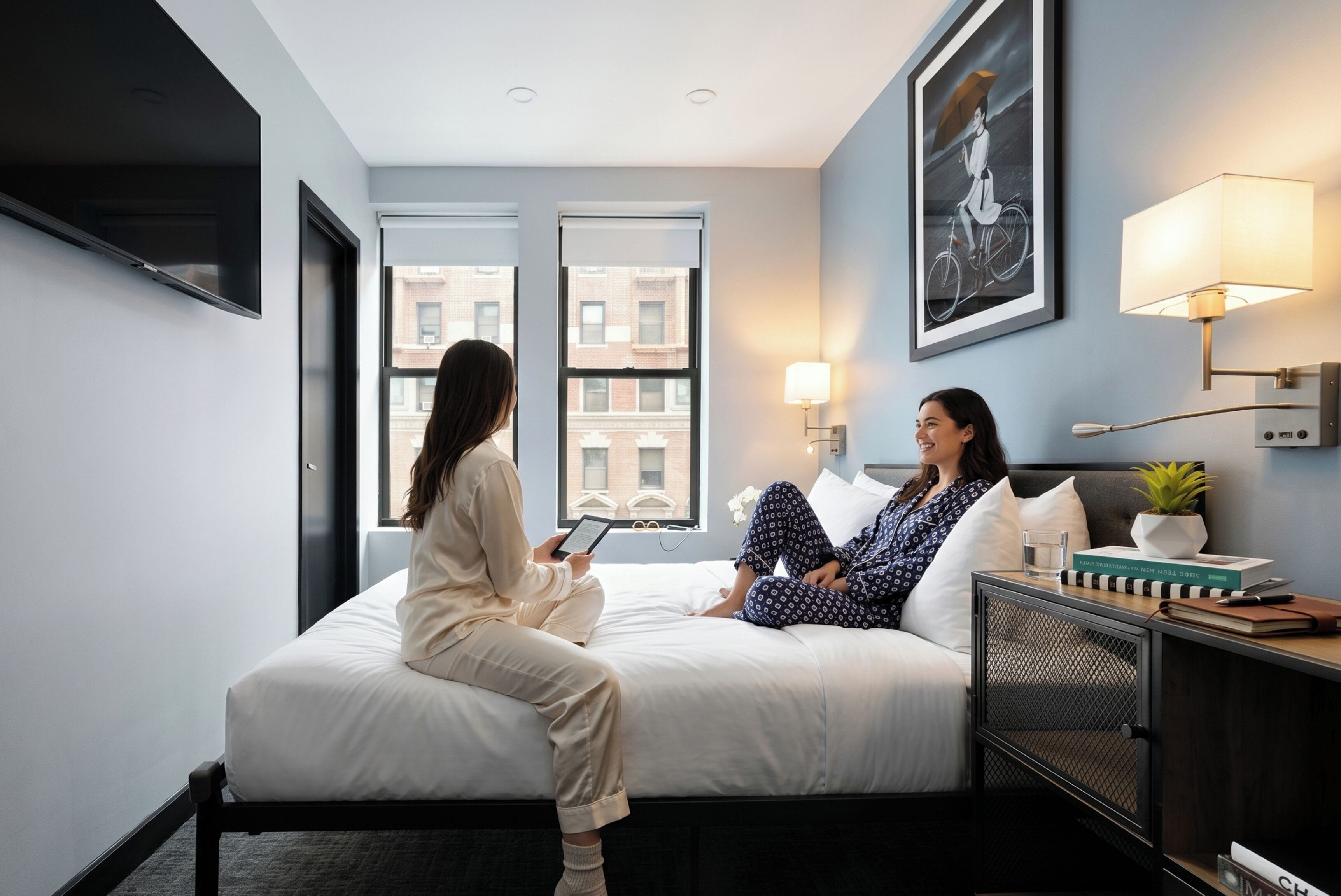 Een hotelkamer met een bed, een nachtkastje met een lamp, een raam met uitzicht op gebouwen en een lijst met een afbeelding aan de muur.