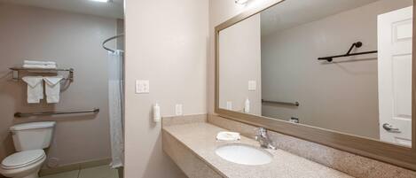 Une salle de bain avec des toilettes, un lavabo et un miroir.
