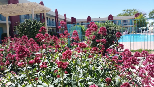 A pool area with a building in the background. - Days Inn by Wyndham Santa Fe New Mexico (Santa Fe)