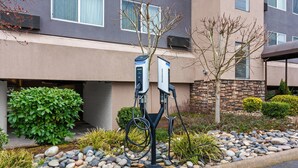 A parking area with electric vehicle charging stations, a stone wall, and a landscaped garden with rocks and shrubs. - Comfort Inn & Suites Beaverton - Portland West (Beaverton)