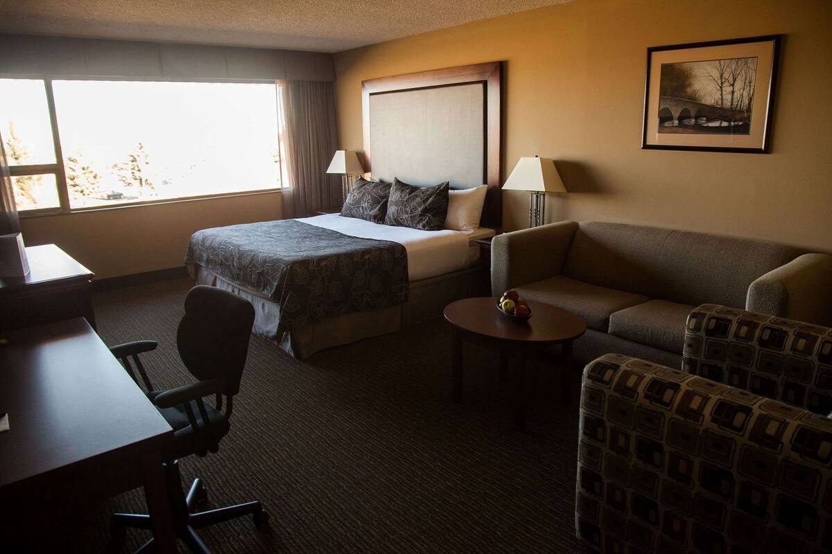A hotel room with a bed, a desk, a chair, a sofa, a small table with fruit, and a painting on the wall.
