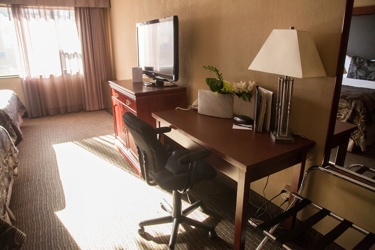 A hotel room with a desk, chair, television, lamp, and a small plant.