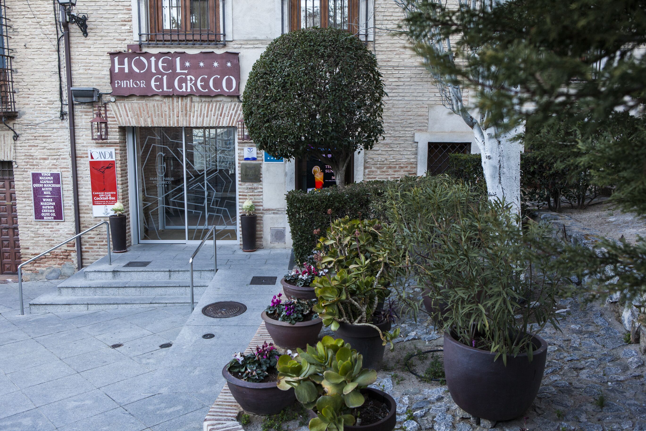 A hotel entrance with a sign reading "HOTEL PINTOR EL GRECO," steps leading up to the door, and potted plants in front.