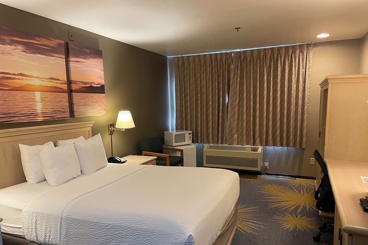 A hotel room with a large bed, a desk, a chair, a television, and a window with curtains.