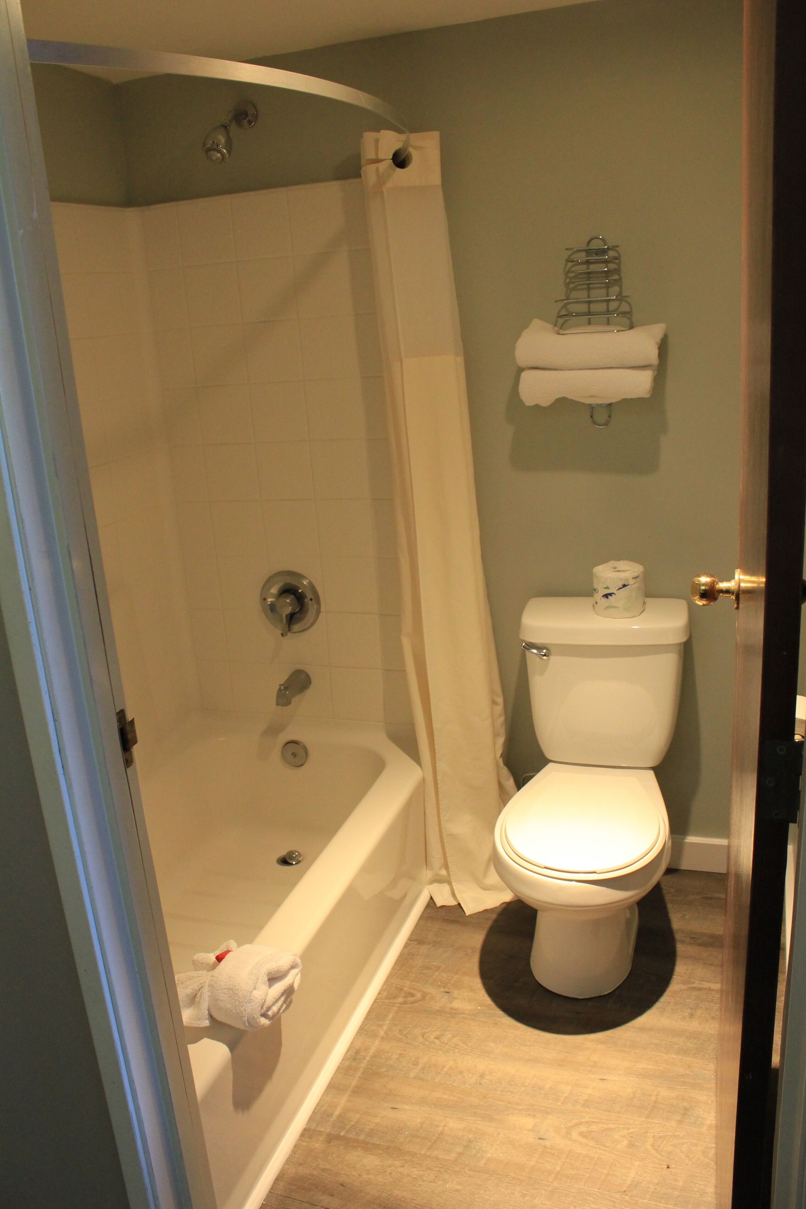 Un baño con bañera, inodoro y cortina de ducha.