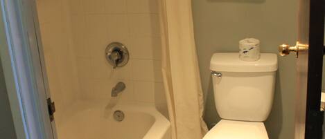 Un baño con bañera, inodoro y cortina de ducha.