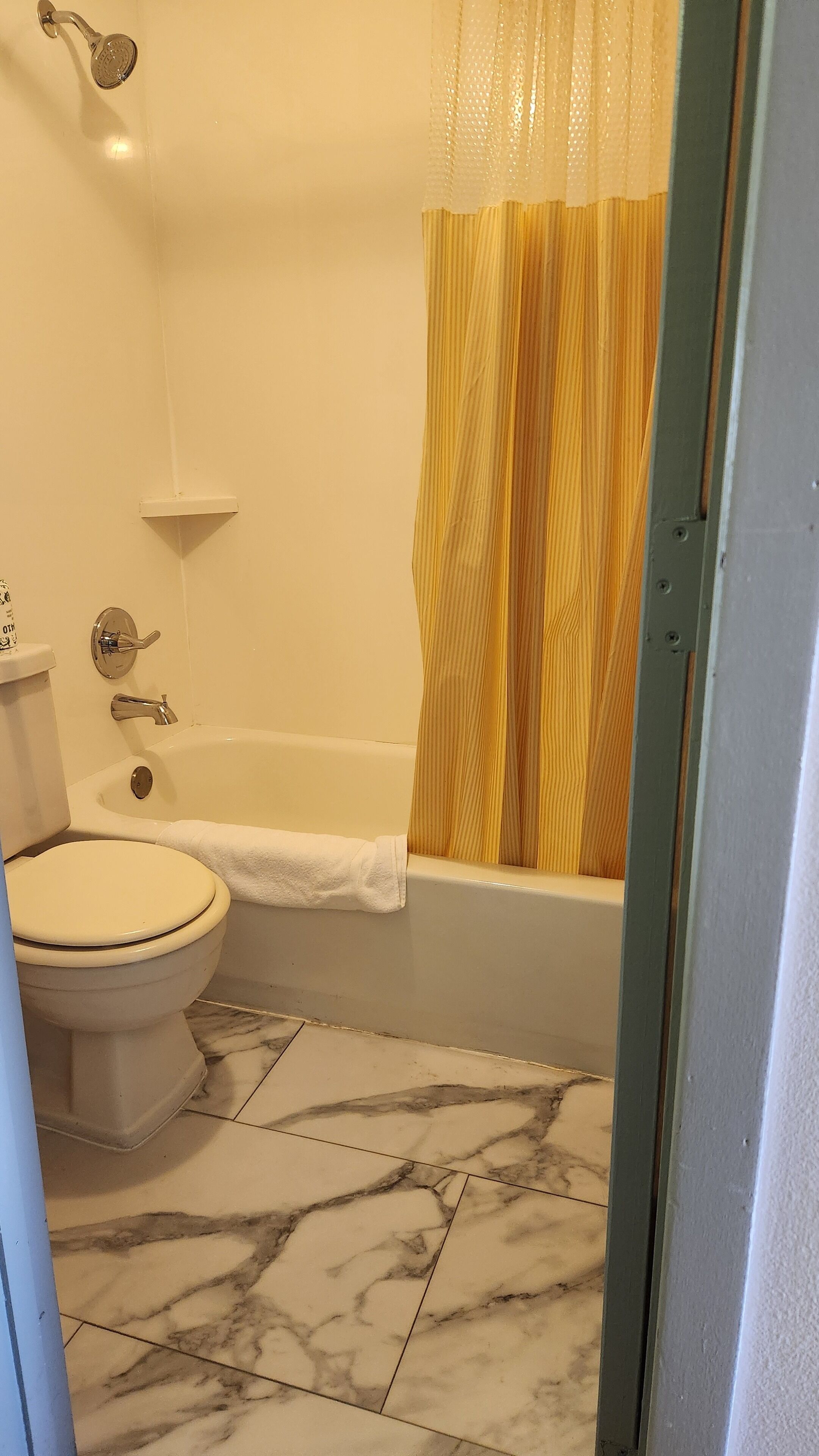 Ein Badezimmer mit Toilette, Badewanne und Duschvorhang.