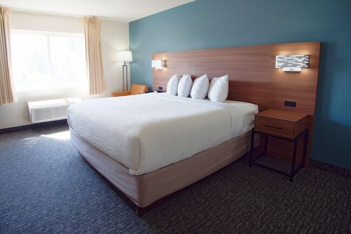 A hotel room with a large bed, a nightstand, a lamp, and a wall-mounted control panel.