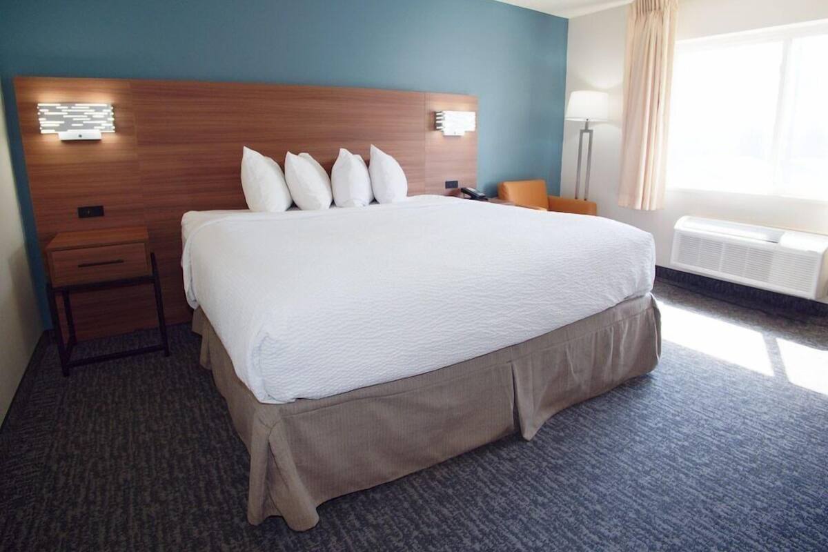 A hotel room with a large bed, a nightstand, a lamp, and a window with curtains.