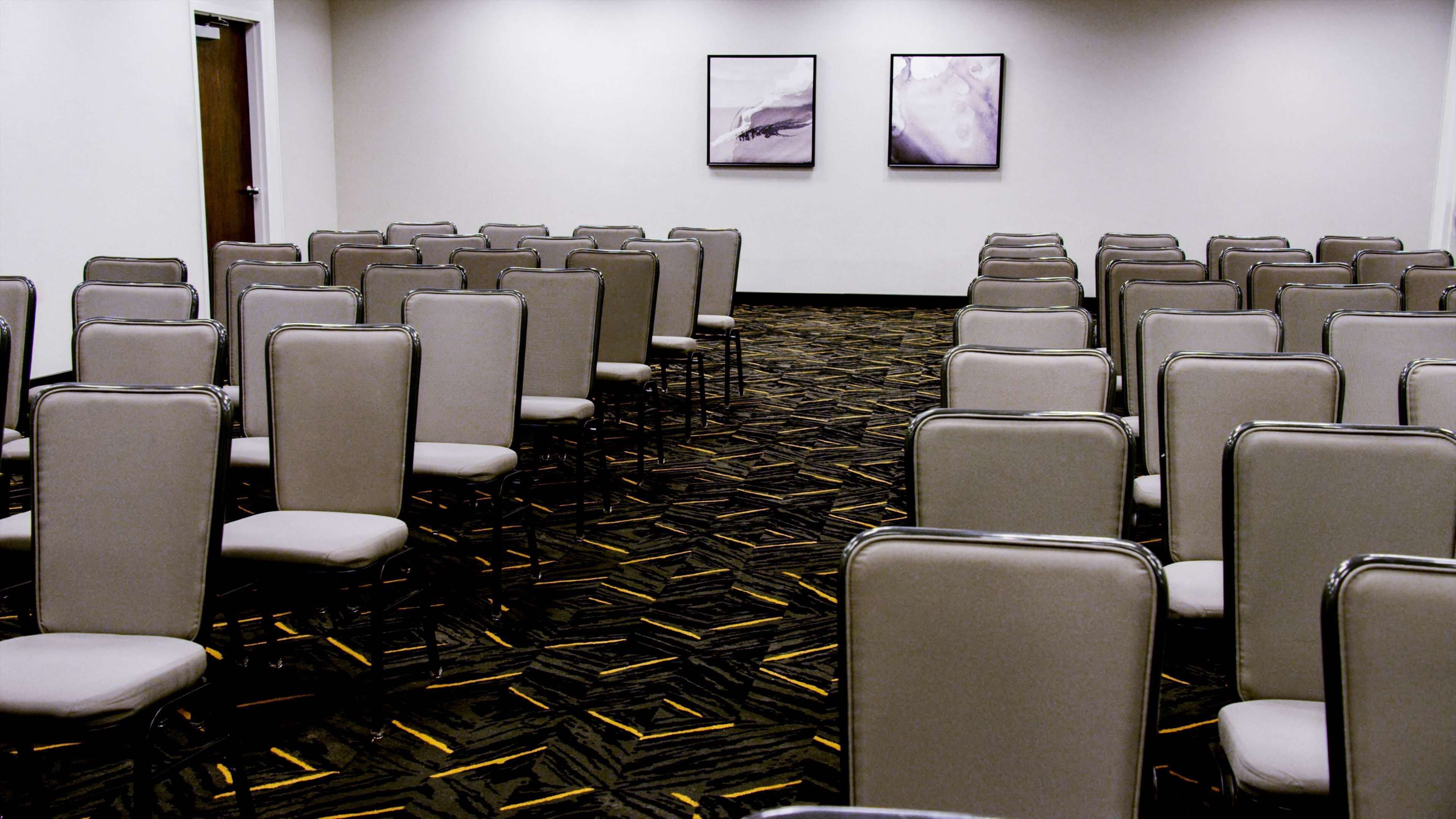 A conference room with rows of chairs, a patterned carpet, and two framed artworks on the wall.