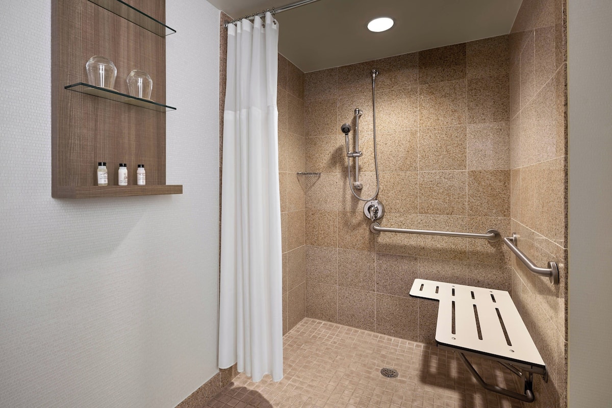 combined shower/bathtub, free toiletries, hair dryer, towels