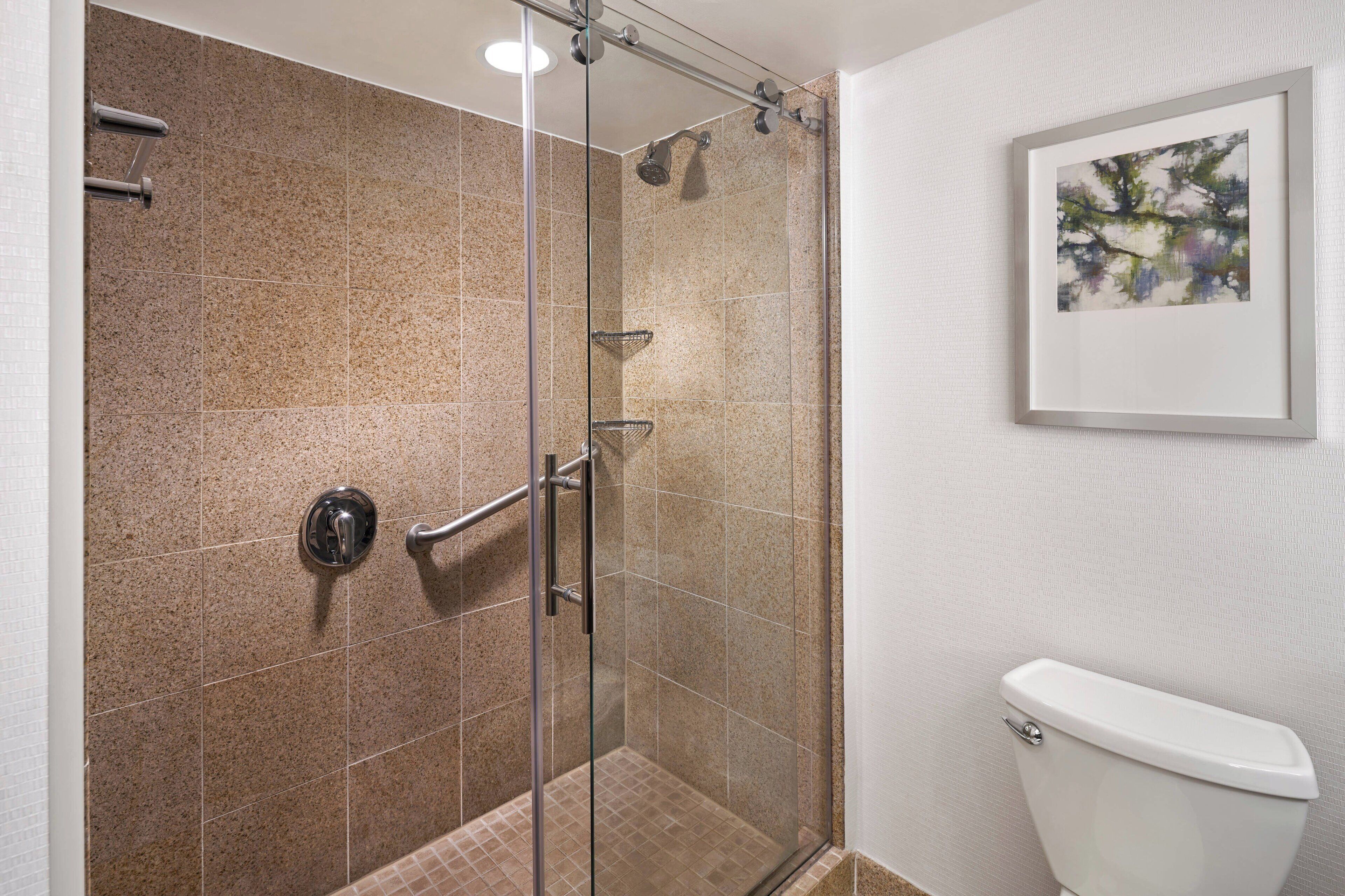 A bathroom with a glass-enclosed shower, a white toilet, and a framed abstract painting on the wall.