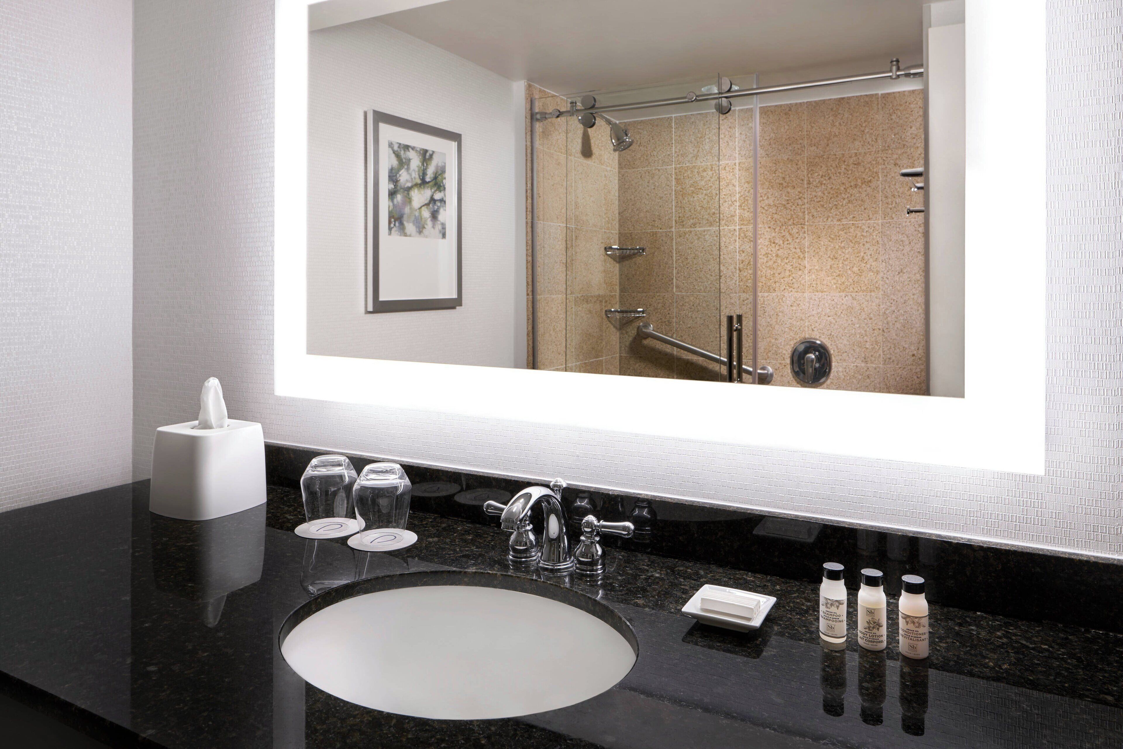 combined shower/bathtub, free toiletries, hair dryer, towels