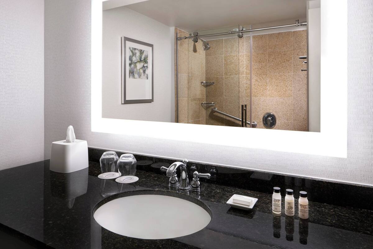 combined shower/bathtub, free toiletries, hair dryer, towels