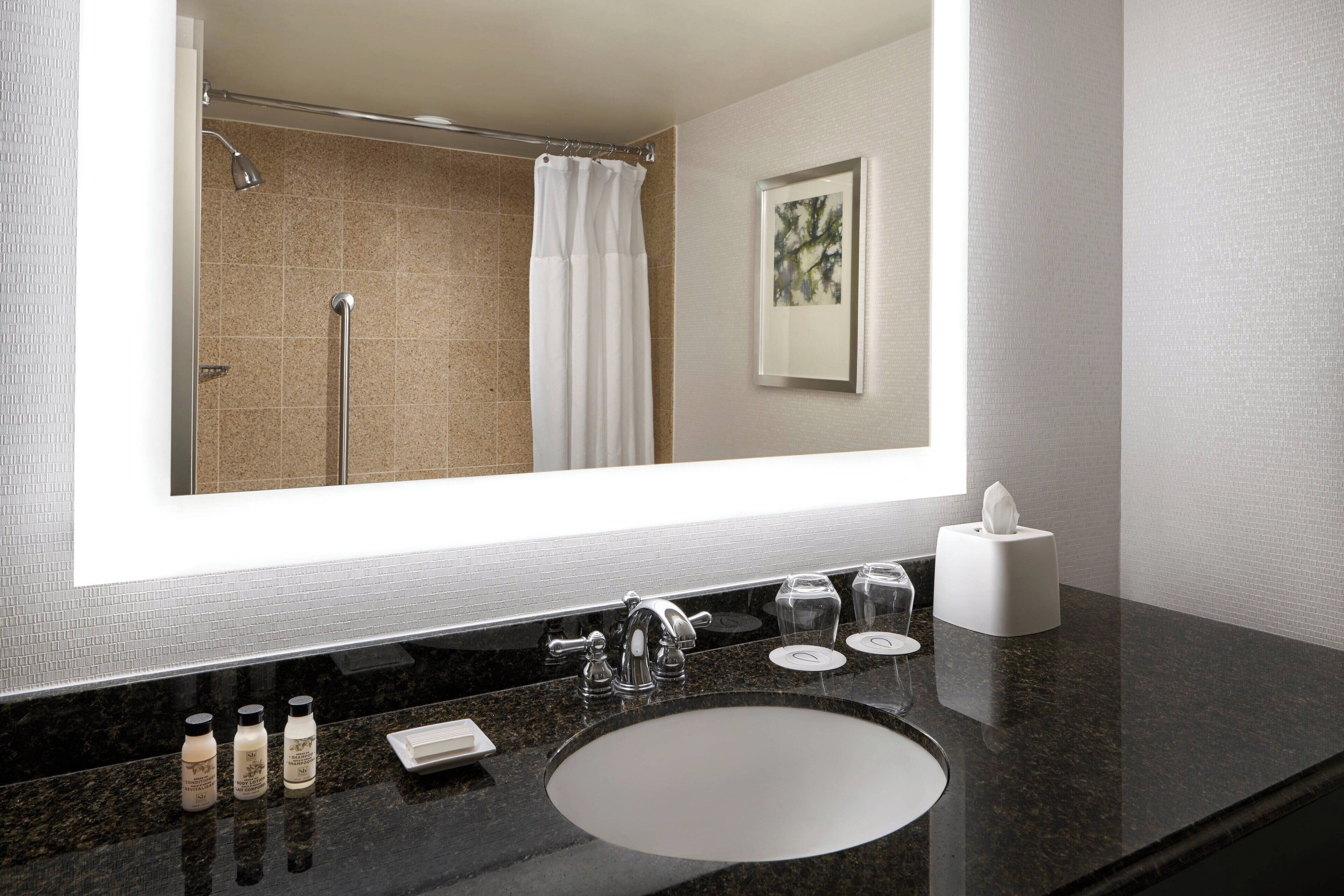 combined shower/bathtub, free toiletries, hair dryer, towels