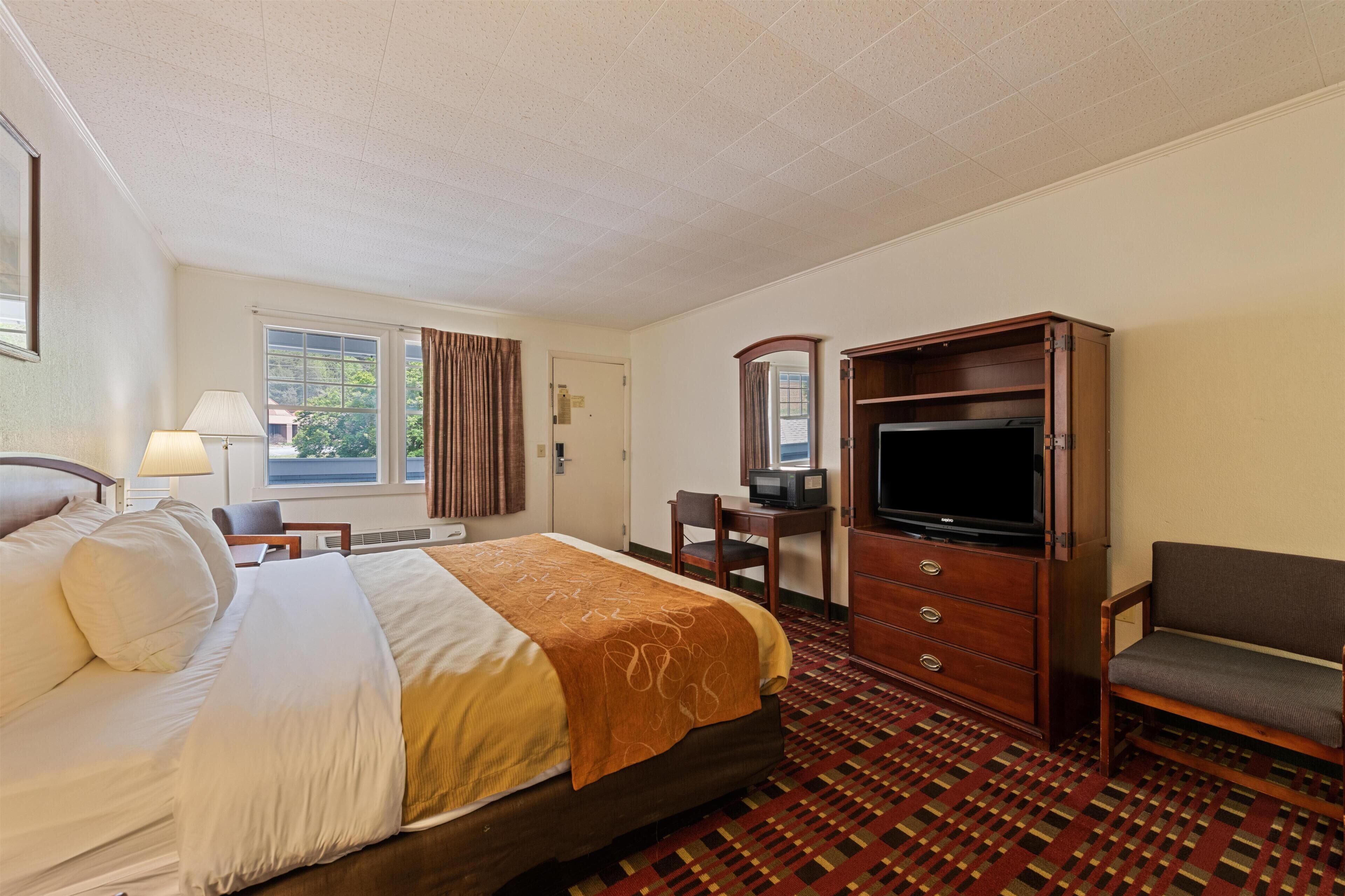Una habitación de hotel con cama, televisor, escritorio y silla.