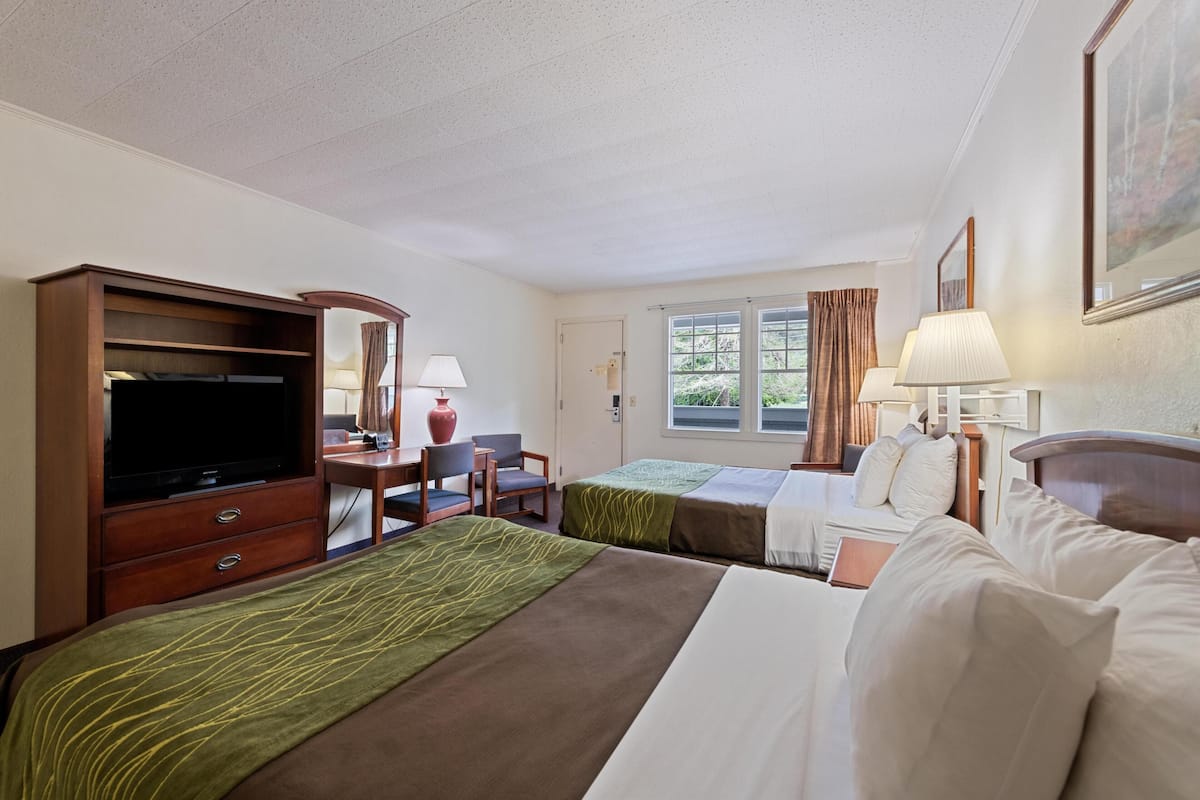 Quarto de hotel com duas camas, televisão, escrivaninha com abajur e janela com cortinas.