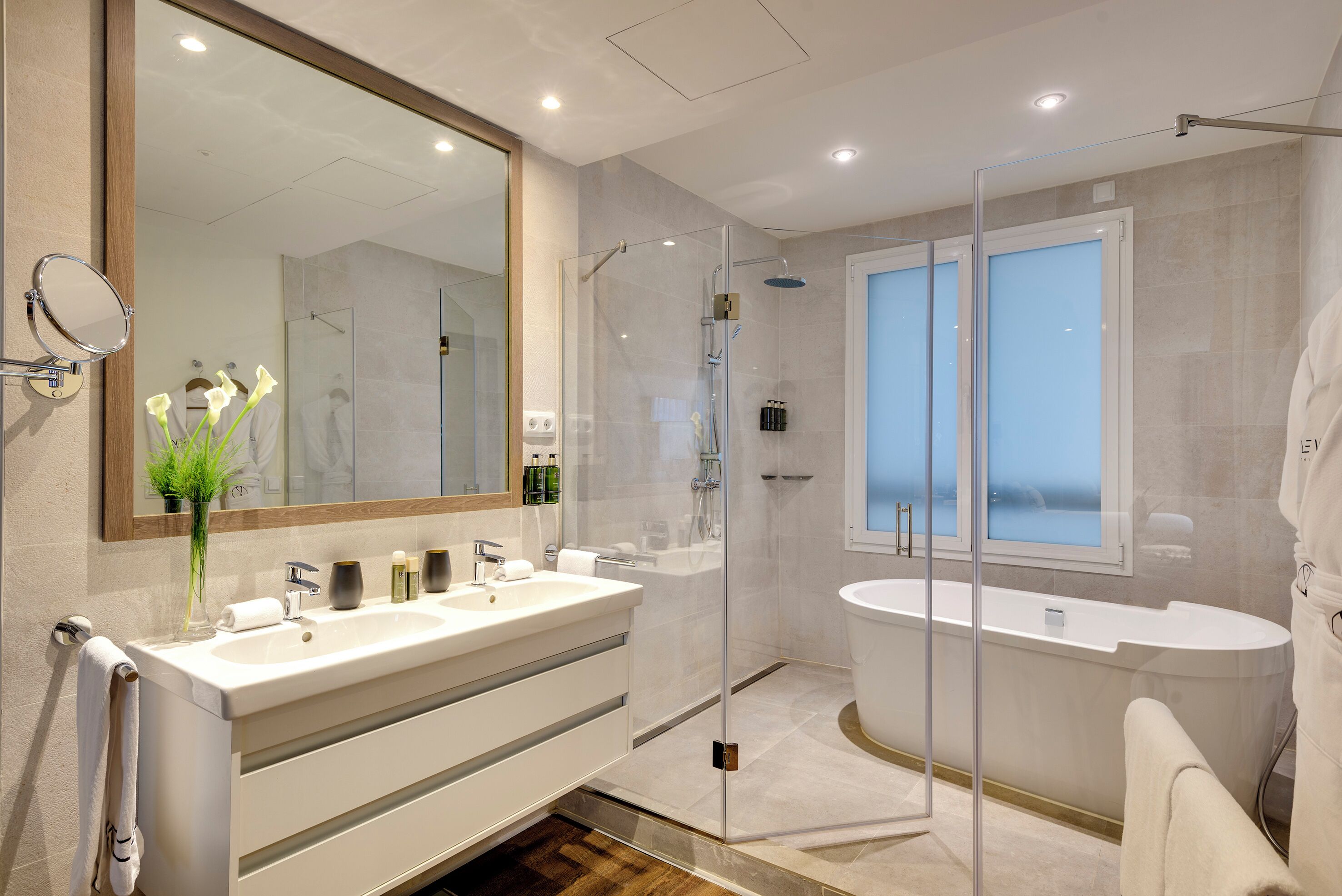 eco-friendly toiletries, hair dryer, towels, soap