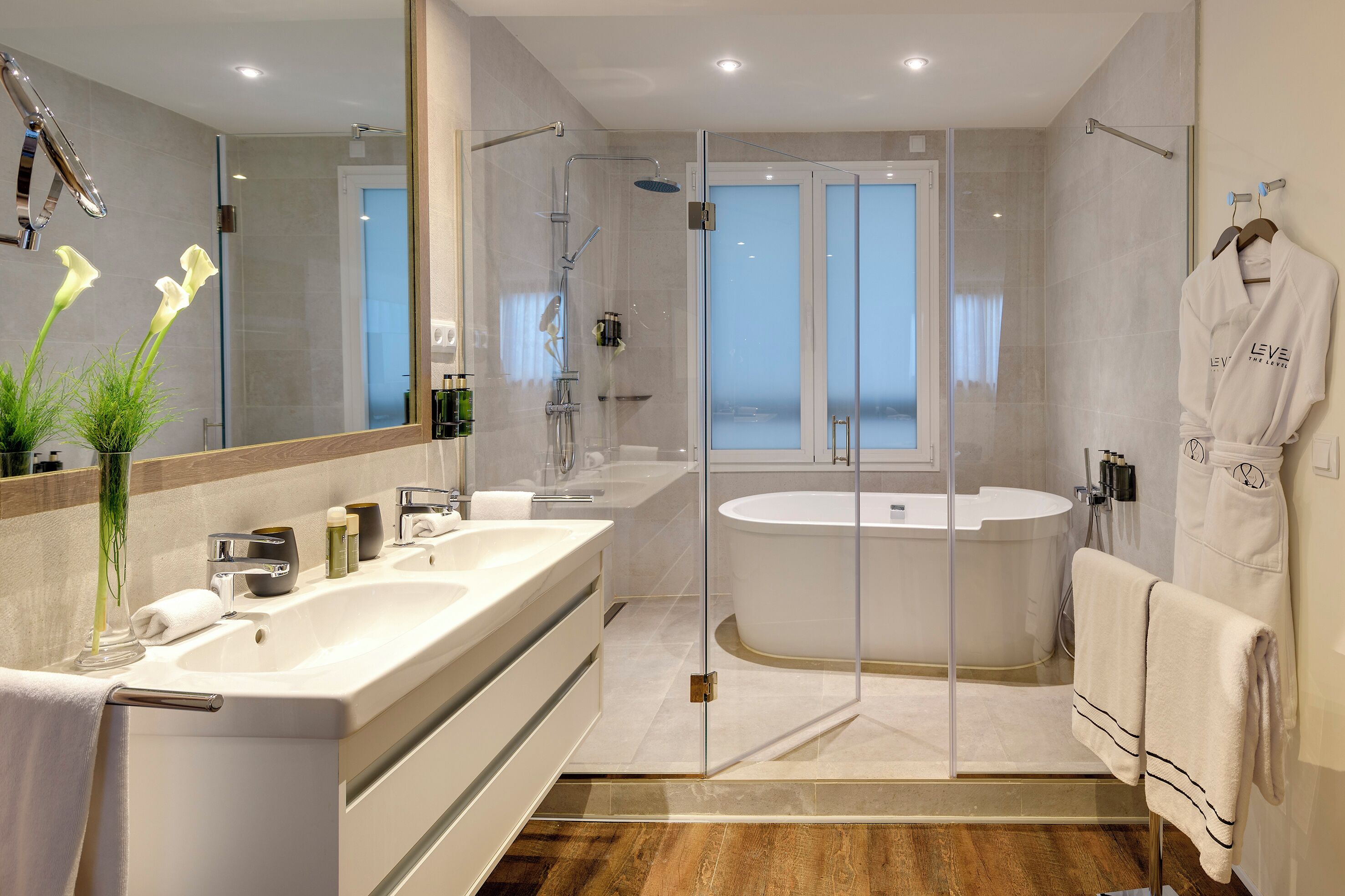 eco-friendly toiletries, hair dryer, towels, soap