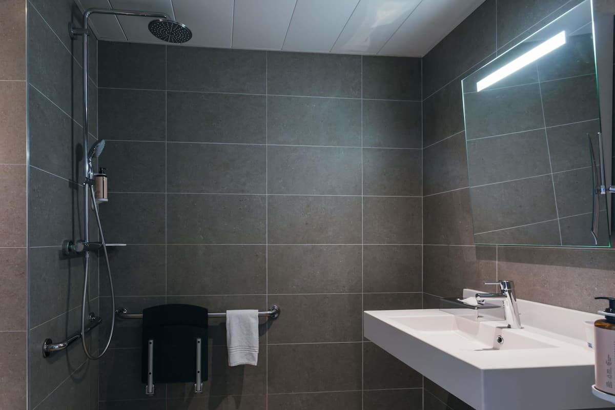 Habitación, 1 cama matrimonial, con acceso para personas discapacitadas | Baño | Tina con regadera, amenidades de baño ecológicas, secadora de cabello