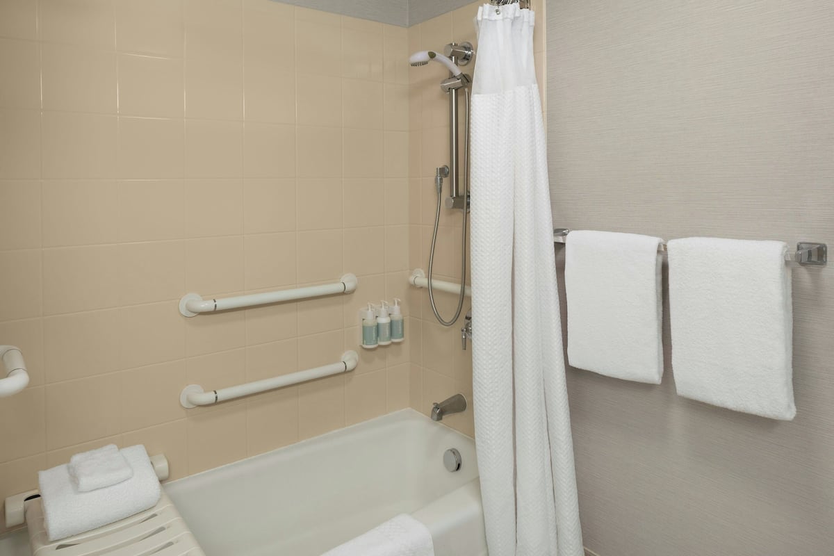 Combined shower/tub, free toiletries, hair dryer, towels